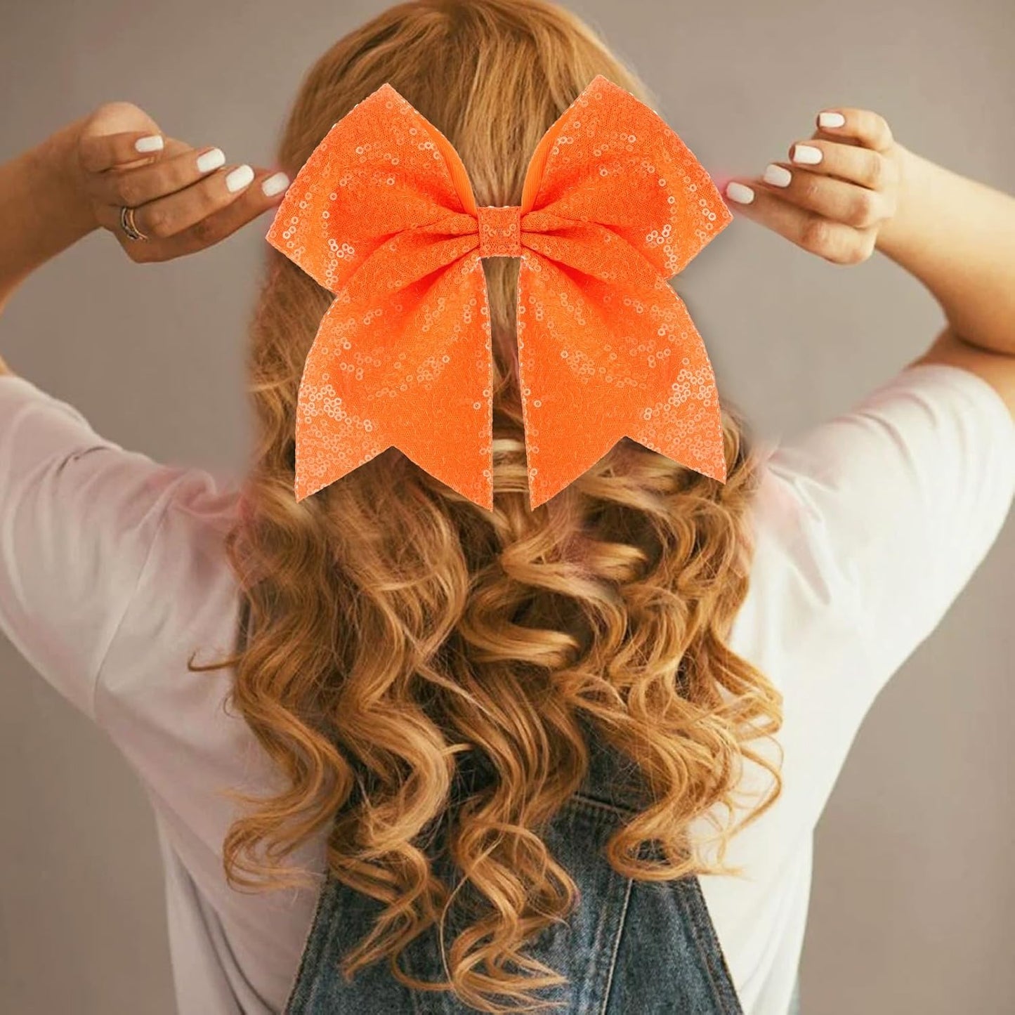 Large Glitter Cheer Bows Clips, Jumbo Big 7 Inch Cheerleading Sequin Hair Bow Hair Accessories for Teens Girls Football Sports Cheerleader Outfit Uniform (Orange)