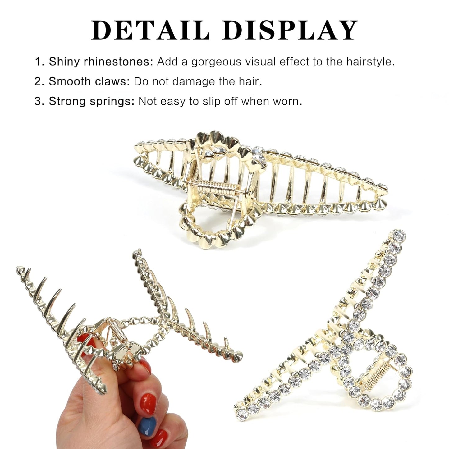 FAELBATY Diamond Hair Claw Clip, Metal Claw Clips for Women, Strong Hold Claw for Heavy Hair, 4.5" & 3" Jaw Clamp, Large Hair Accessories for Long Thick Hair 2 Pcs