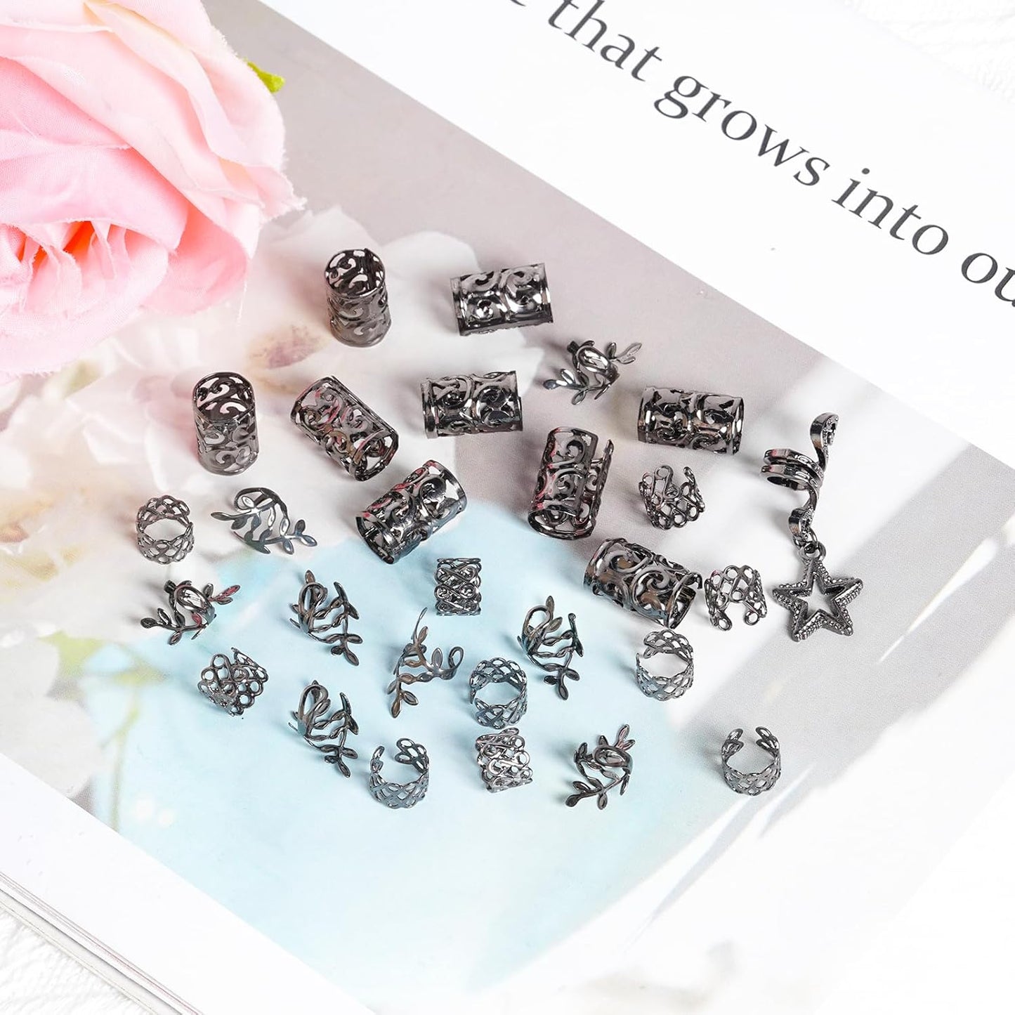 hoyuwak 40Pcs Hair Jewelry for Braids Loc Dreadlock Accessories Hair Beads Clips Cuffs Charms Rings for Women Grls Rave Punk Hairstyle Decoration, Black