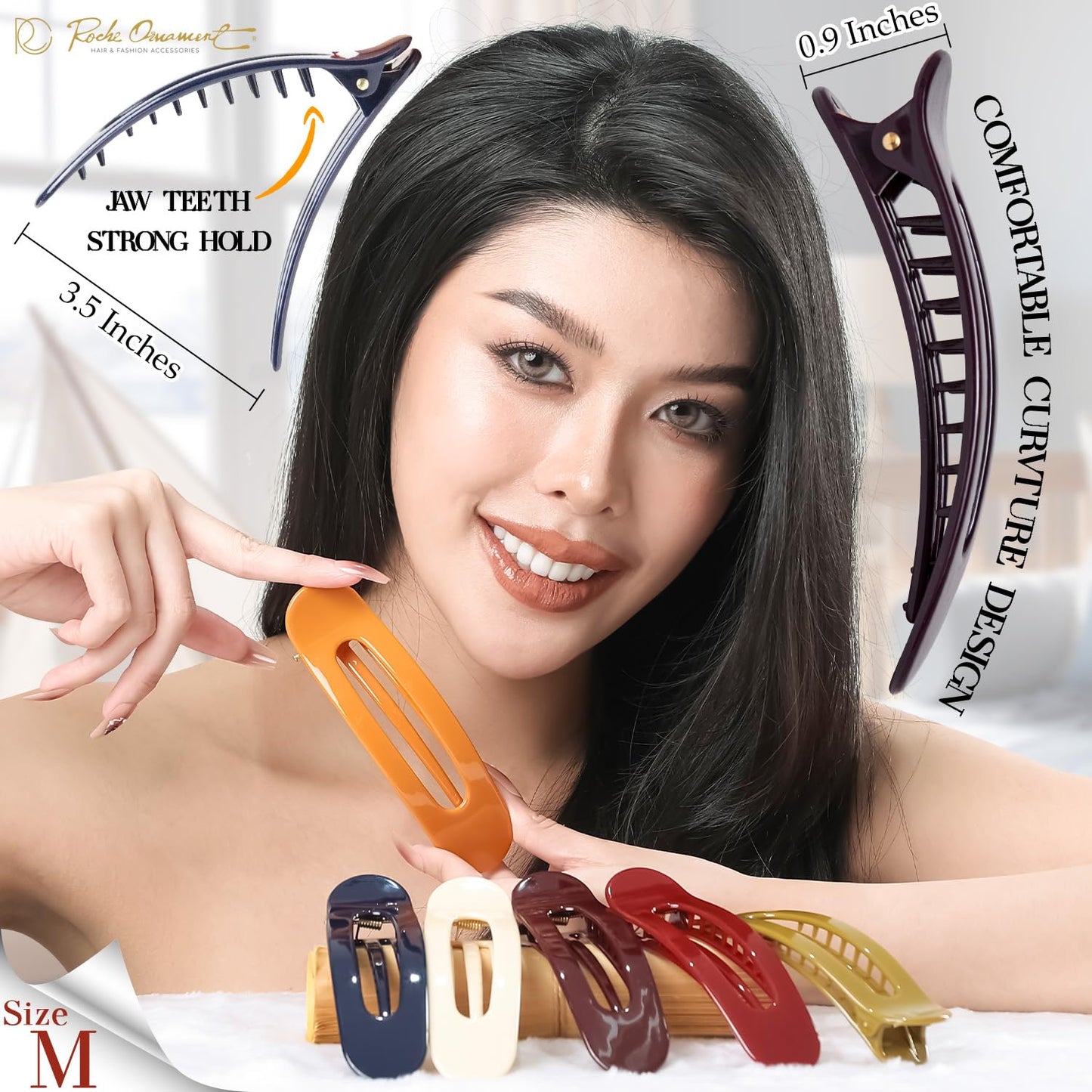 RC ROCHE 6 Pcs Flat Claw Hair Clips for Women Lay Down Barrettes No Crease Side Slide Thick Long Hair Duckbill French Against Head Jaw Claw Styling Clamp, Medium Classic