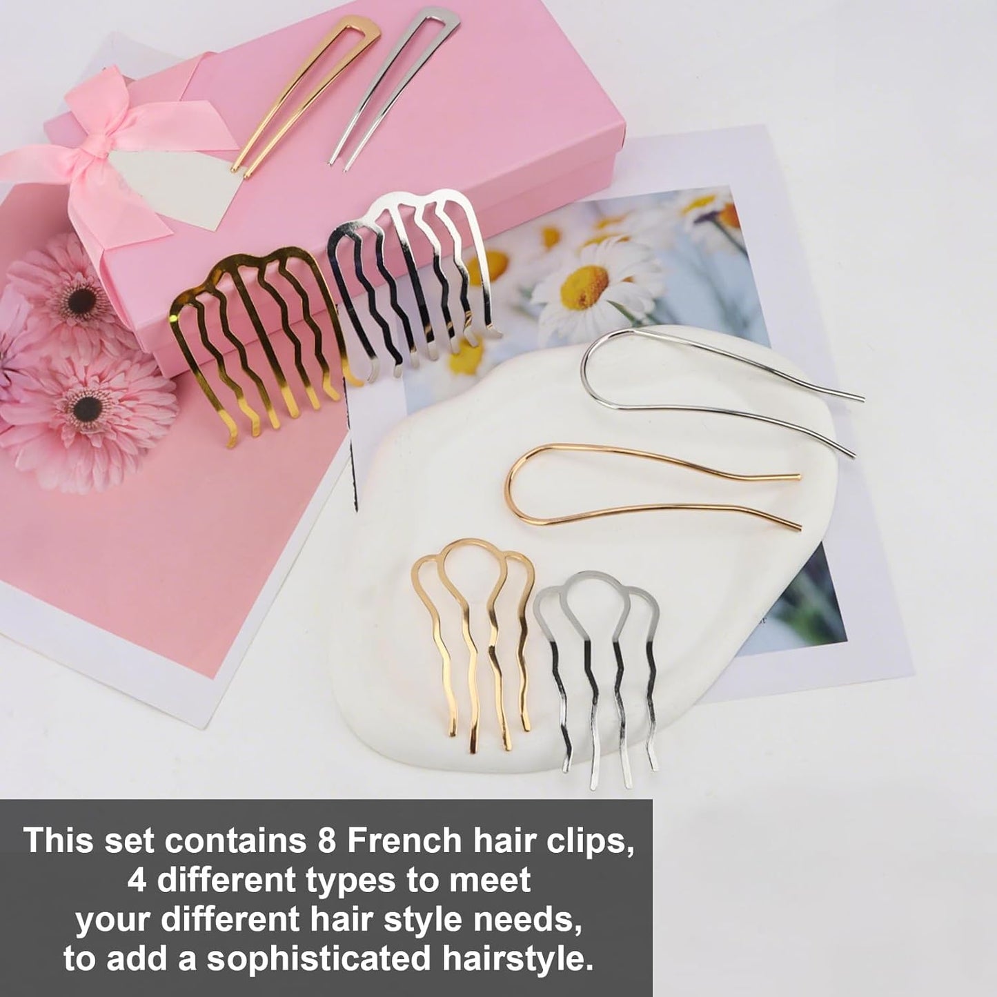 French Hair Pin, 8 PCS Hair Pins for Women Metal Hair Side Combs, French Pins Hair, U Shaped Hair Pins for Buns Updos, French Pins Hair Stick Pin Hair Combs for Styling Hairpin Hair Accessories