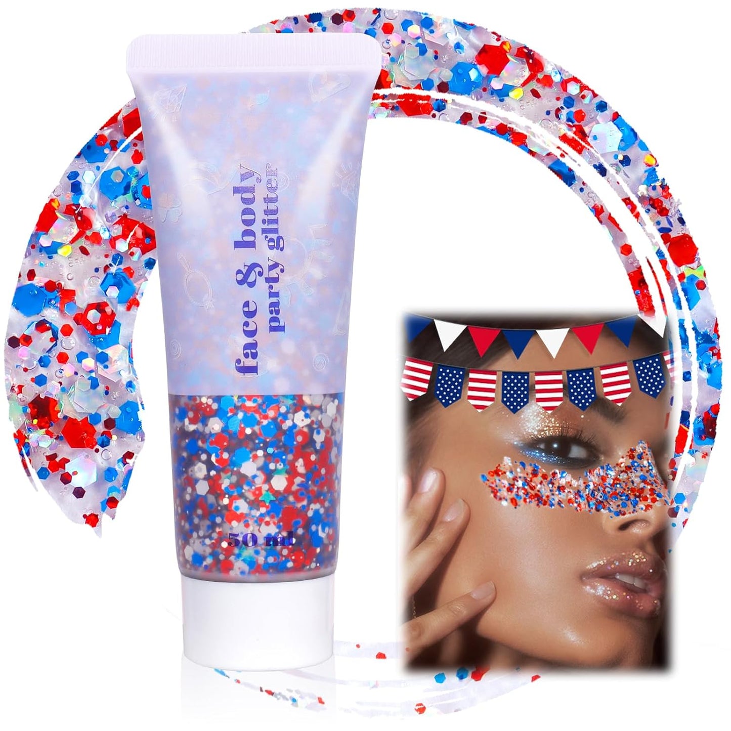 Boko Independence Day Body Glitter Gel, 50ML Red White Blue Chunky Glitter Gel for Face Hair Body Makeup, Patriotic Glitter for 4th of July Memorial Day Veterans Day Flag Party Event Rave Accessories