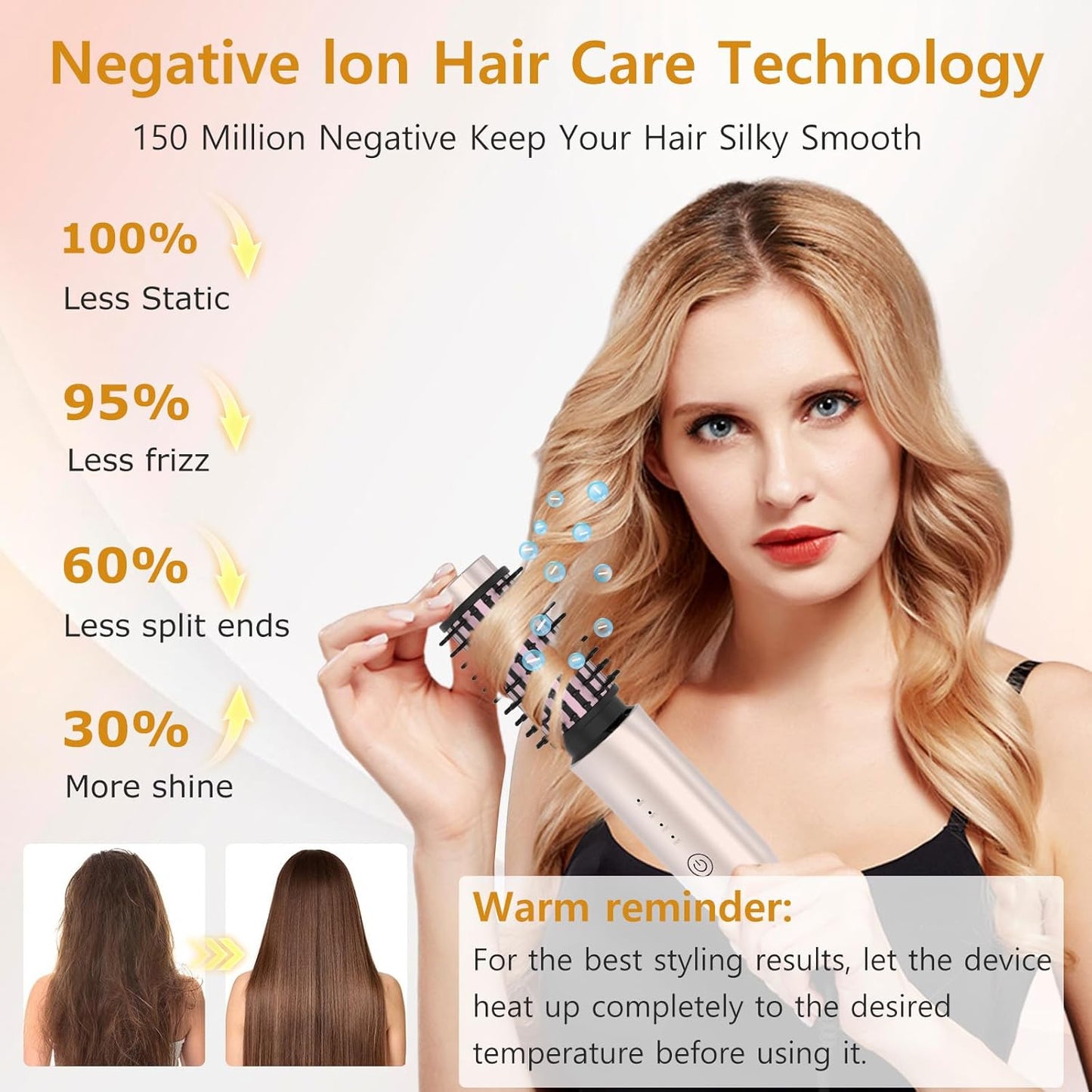 Cordless Curling Iron Rechargeable, Portable Travel Curling Iron Brush, 3-in-1 Hair Straightener Brush, Heated Round Curling Wand, 4 Temperature 7000mah Hair Curler Tool for Women - Rose Gold