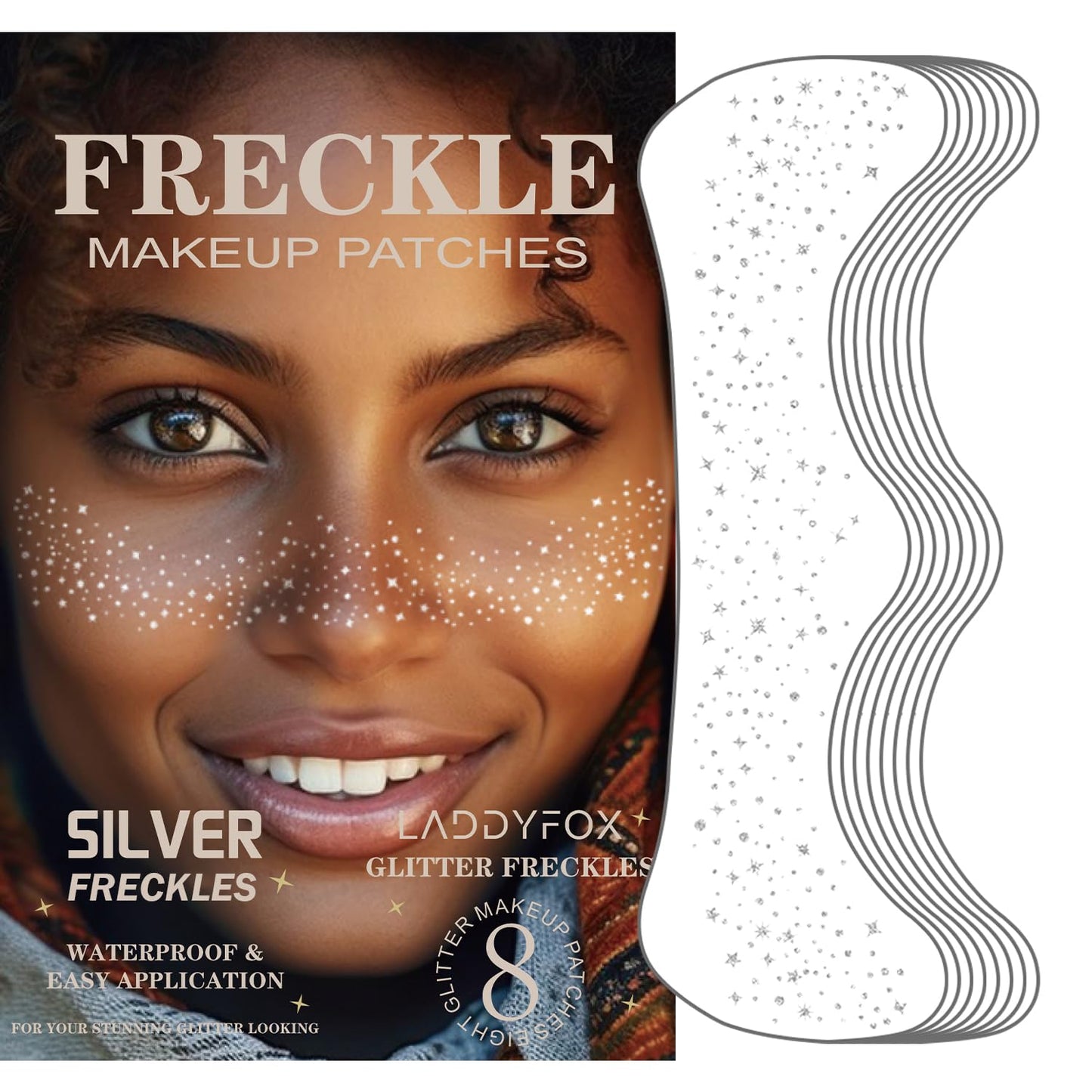 8 Pcs Silver Face Makeup Patches, Silver Glitter Freckles Face Tattoo, Glitter Freckles, Sparkle Makeup Patches, Waterproof Face Glitter Speckles Patches for Women