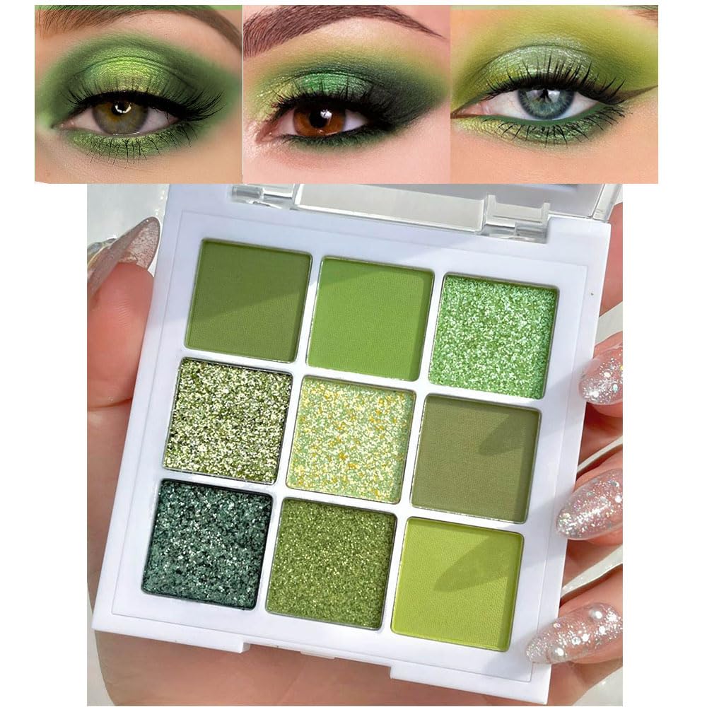 evpct 9 Colors Green Glitter Eyeshadow Palette, Light Dark Emerald Avocado Neon Green Glitter Metallic Shimmer Sparkly Eye Shadow Palette Makeup for Older Women Blue Eyes, Highly Pigmented Eyeshadow