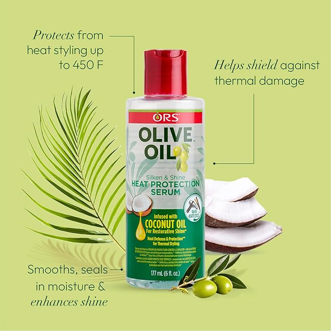 ORS Heat Protection Hair Serum infused with Coconut Oil for Restorative Shine Olive Oil Style and Curl Smooth-N-Hold Pudding - Bundle