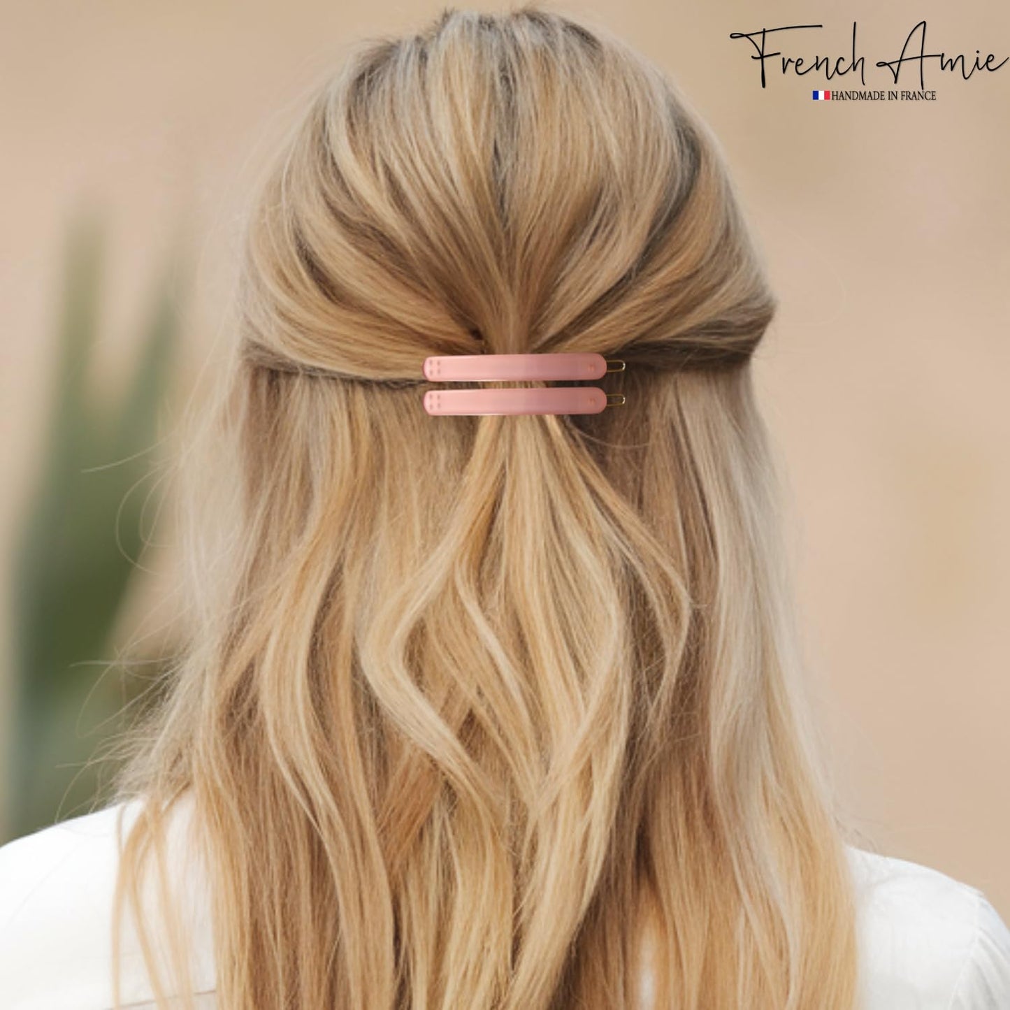 French Amie Rounded Oblong 2.5" Cellulose Side Hair Clips (Set of 2) – Handmade French Tige Boule Slide in Pink Barrettes for Girls & Women – Blush Pink