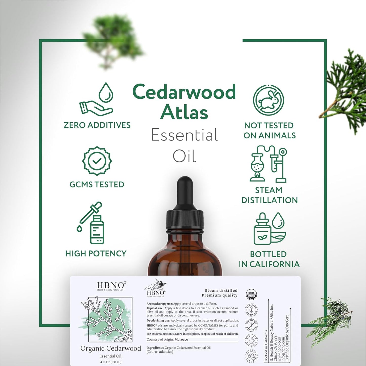 HBNO Organic Cedarwood Essential Oil - Huge 4 oz (120ml) Value Size - USDA Certified Organic Cedarwood Essential Oil for Aromatherapy, Soap Making, DIY, Fragrances, Diffuser.