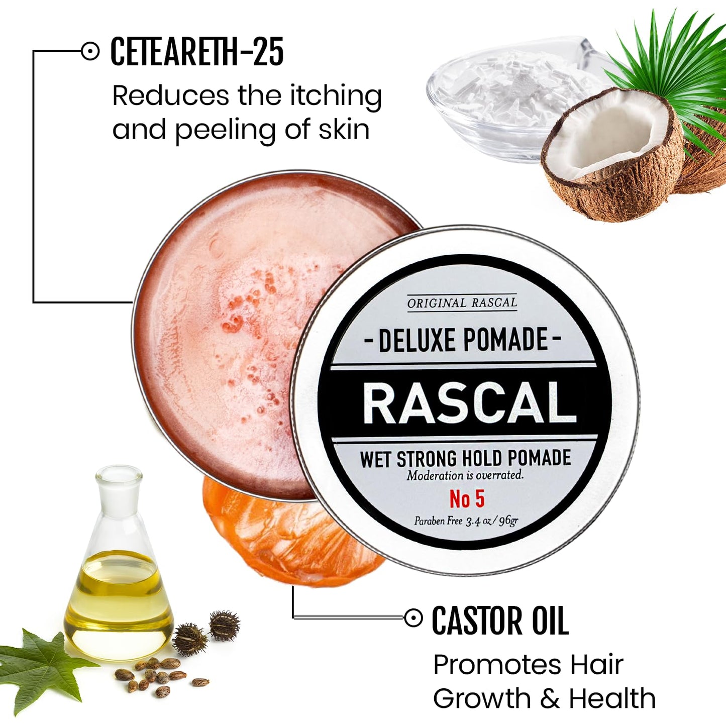 Original Rascal Deluxe Pomade #5 - Hair Paste High Shine w/Strong Hold & Wet Look - Men's Styling Care Solution for All Hair Type - Natural Made with Ceteareth-25 & Castor Oil for Hair Growth Health