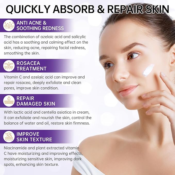 Azelaic Acid 12% Cream For Face, Azelaic Acid Acne Cream For Rosacea Treatment, Redness Relief, 0.7 OZ Azelaic Acid Gel With Salicylic Acid & Niacinamide For Dark Spot, Skin Care.