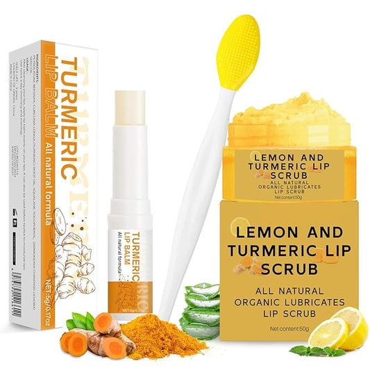 3PCS Turmeric Lip Balm and Turmeric Lemon Lip Exfoliator Scrub with Brush Set, Dark Lips Treatment for Smokers, Natural Exfoliator & Moisturizer Cracked, Dull, Reduce Fine Lines Lips