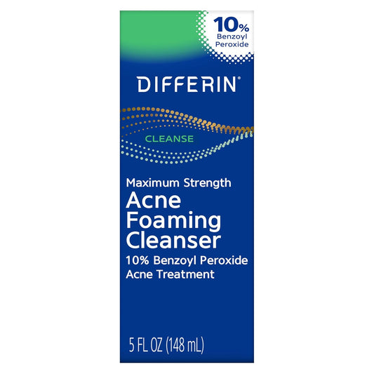 Differin Acne Face Wash with 10% Benzoyl Peroxide, Maximum Strength OTC Acne Foaming Cleanser, Fast Acting Acne Treatment for Face and Body, 5 oz.