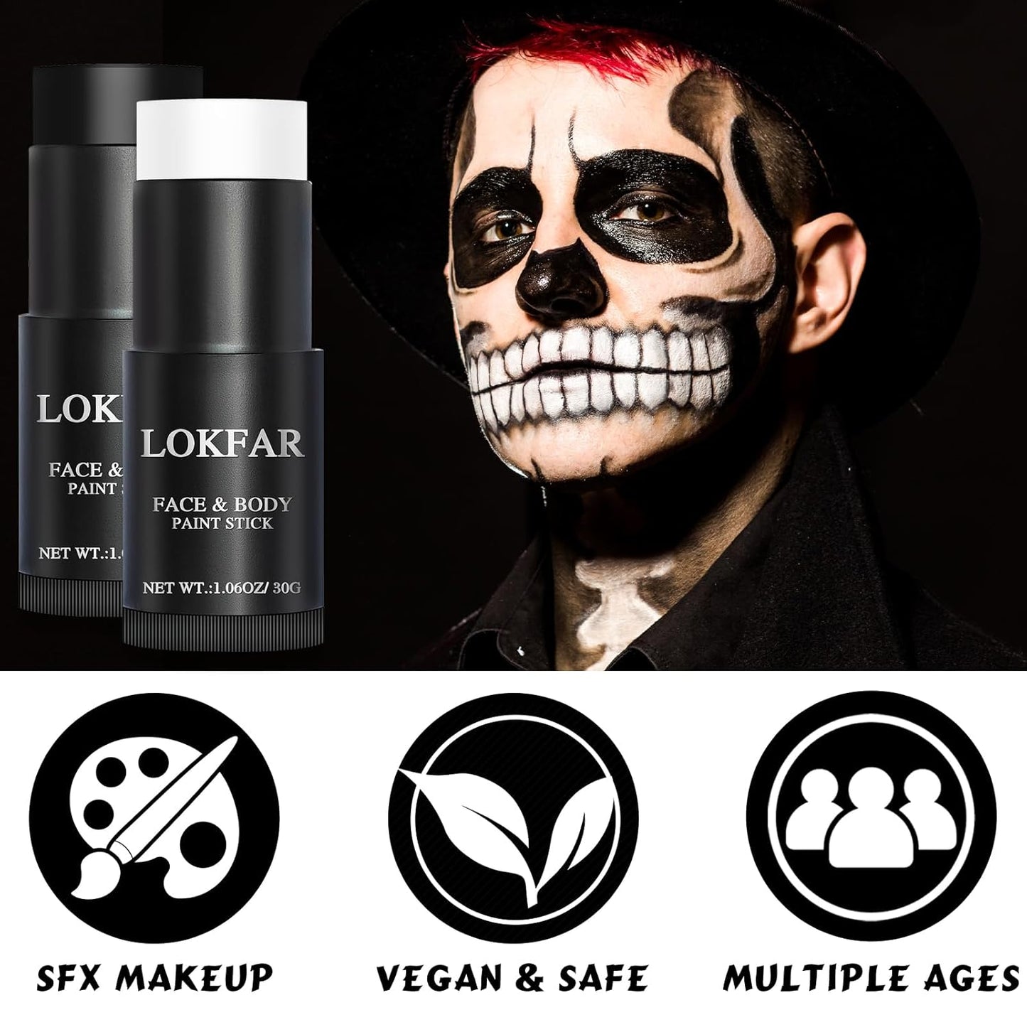 Black and White Face Body Paint Stick, White Foundation Makeup, Eye Black Stick for Sports, Professional Halloween Face Makeup Kit for Mime Zombie Clown Vampire Skeleton Skull Joker Costume