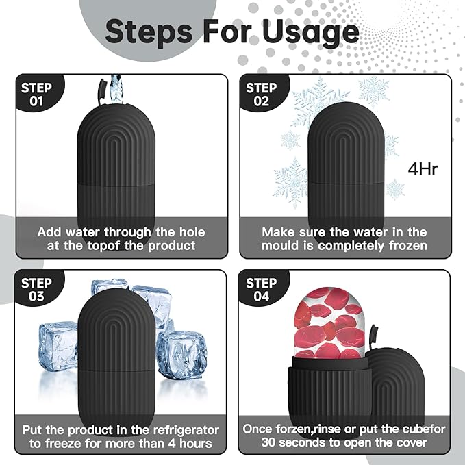 Ice Roller for Face and Eye，Ice Cube Roller Massager for Skin Women Care Tools, Naturally Conditioning De-Puff Eye Bags, Reduce Migraine Pain， Reusable Massage Silicone Ice Mold （Black）