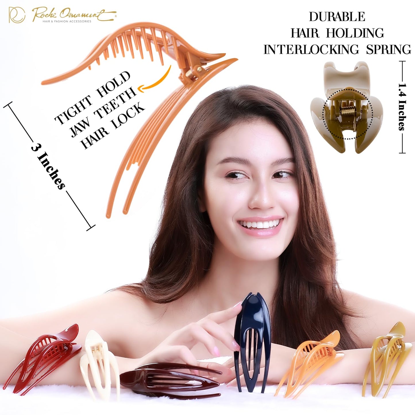 RC ROCHE 6 Pcs Flat Hair Clips Big Claw for Thick Hair French Duckbill Women No Slip Side Slide Curved Alligator Concord Strong Grip Hold Volume Lay Down Clamp, Medium Classic Multicolor