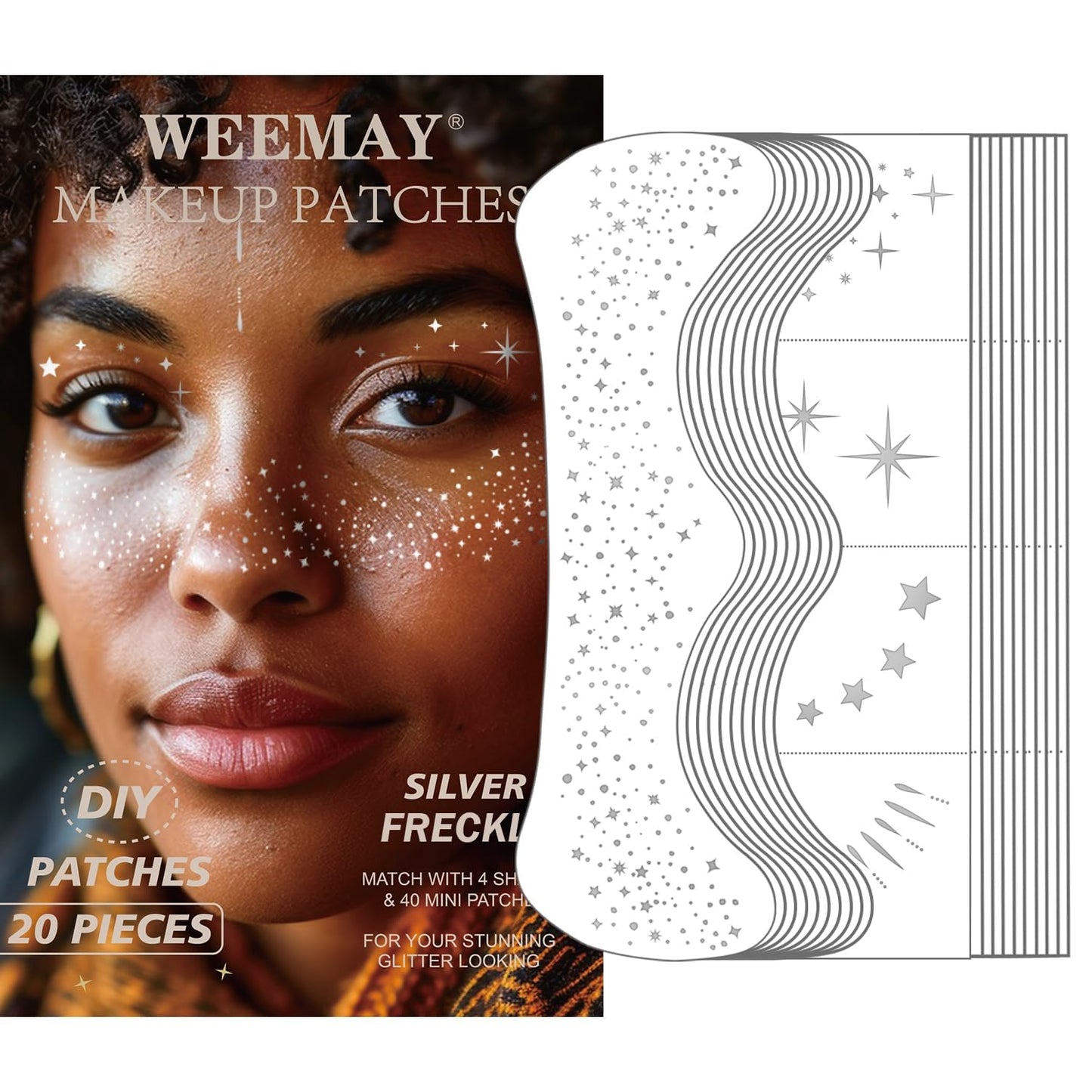 20 Pcs Silver Glitter Freckles Face Tattoos, Silver Glitter Freckles Makeup Patches, Waterproof Sparkle Freckles, Glitter Freckles Temporary Face Tattoos for Women