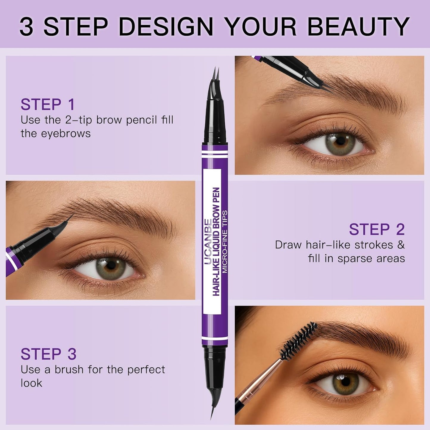 UCANBE Curved Eyebrow Pencils for Women with Spoolie Brush,Dual-Ended Eyebrow Pen with 2-Fork-Tip&Precise Brush-Tip,Microblading Brow Pen for Hair-Like Brows,Waterfool, Long Lasting,Soft Brown