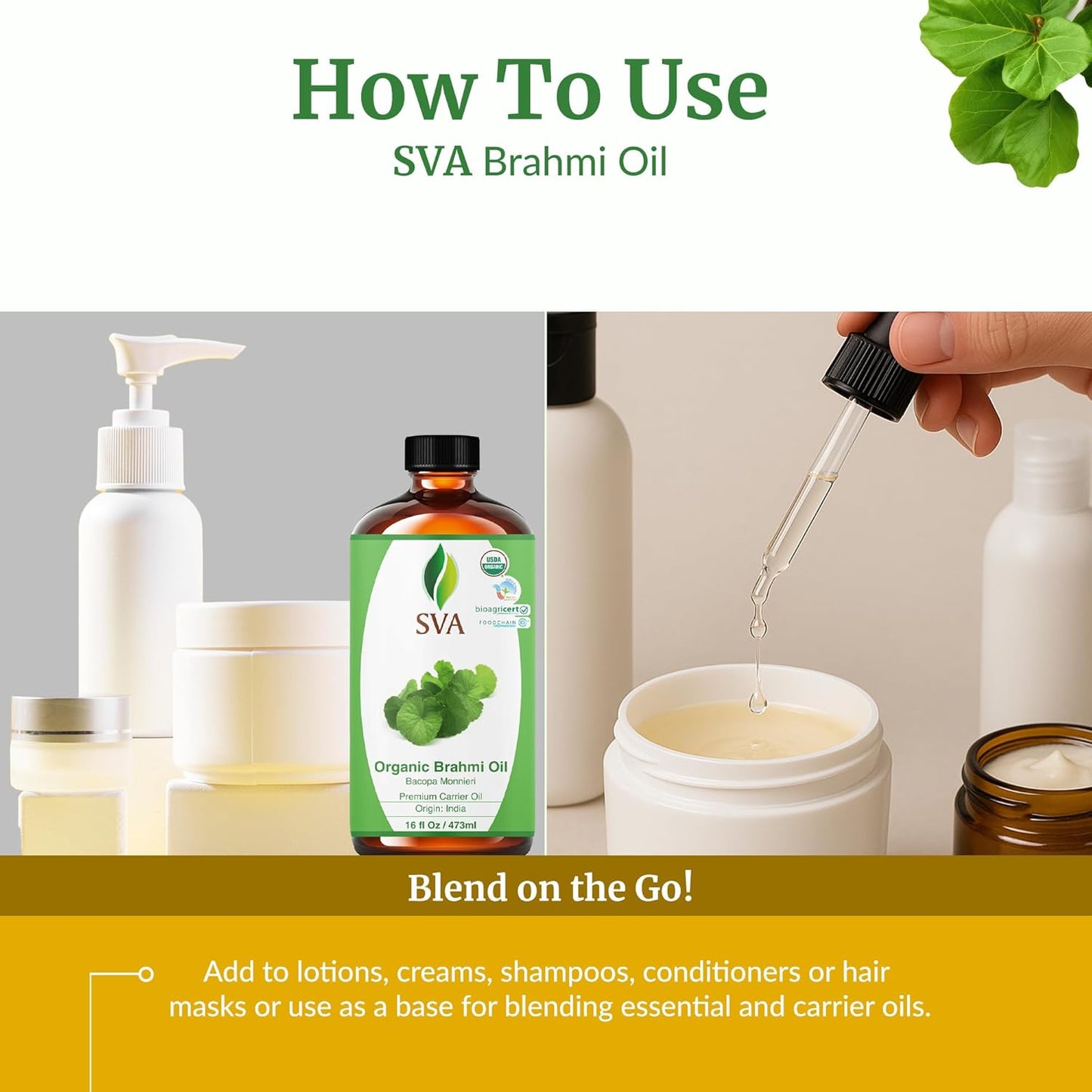 SVA Brahmi Oil Organic - 16 Fl Oz – 100% Natural Cold Pressed Organic Brahmi- for Face, Skin Care, Hair Care, Scalp Massage & Body Massage – Carrier Oil