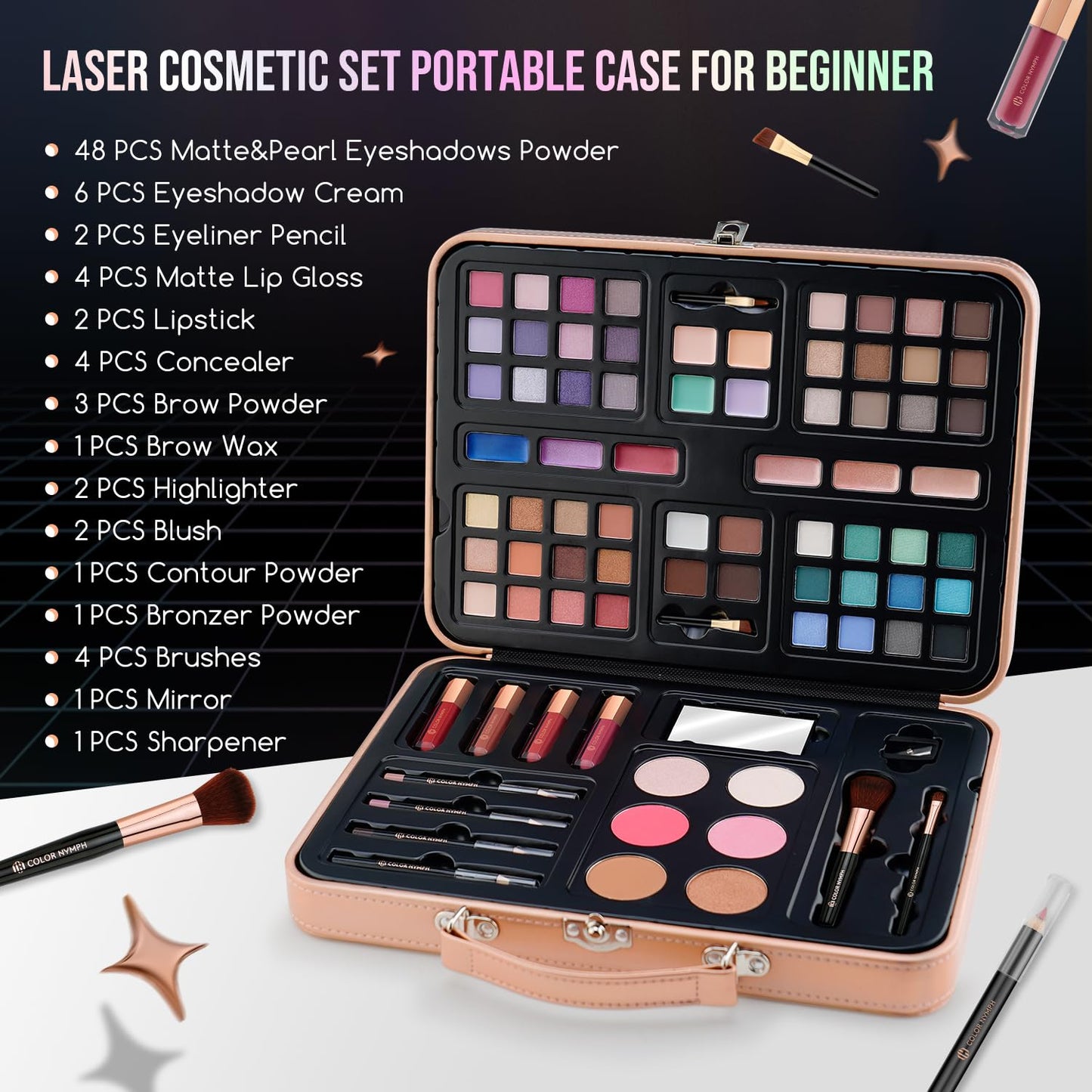 Multipurpose Makeup Kits for Teens Girls, Travel Makeup Set Non-toxic, Makeup Gift for Women Teen, Eyeshadows Blushes Bronzer Highlighter Concealer Lipgloss Eyeliner Lipliner Brushes Gold Case