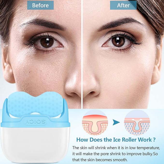 Ice Roller for Face, Double Ended Facial Ice Roller with Travel Case, Facial Skin Care Tools with 2 in 1 Roller, Cryotherapy Ice Roller Massager to Relieve Migraine Pain, Eye Puffiness, Redness, Pain