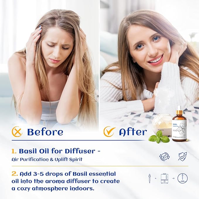HIQILI Basil Essential Oil, 100% Pure & Natural, Diffuser in Bedroom, Yoga, Mediation for Calming Relaxation Mood, Hair Growth, Body Massage, DIY Sweet Herbal Scented Soap Gifts- 100ML