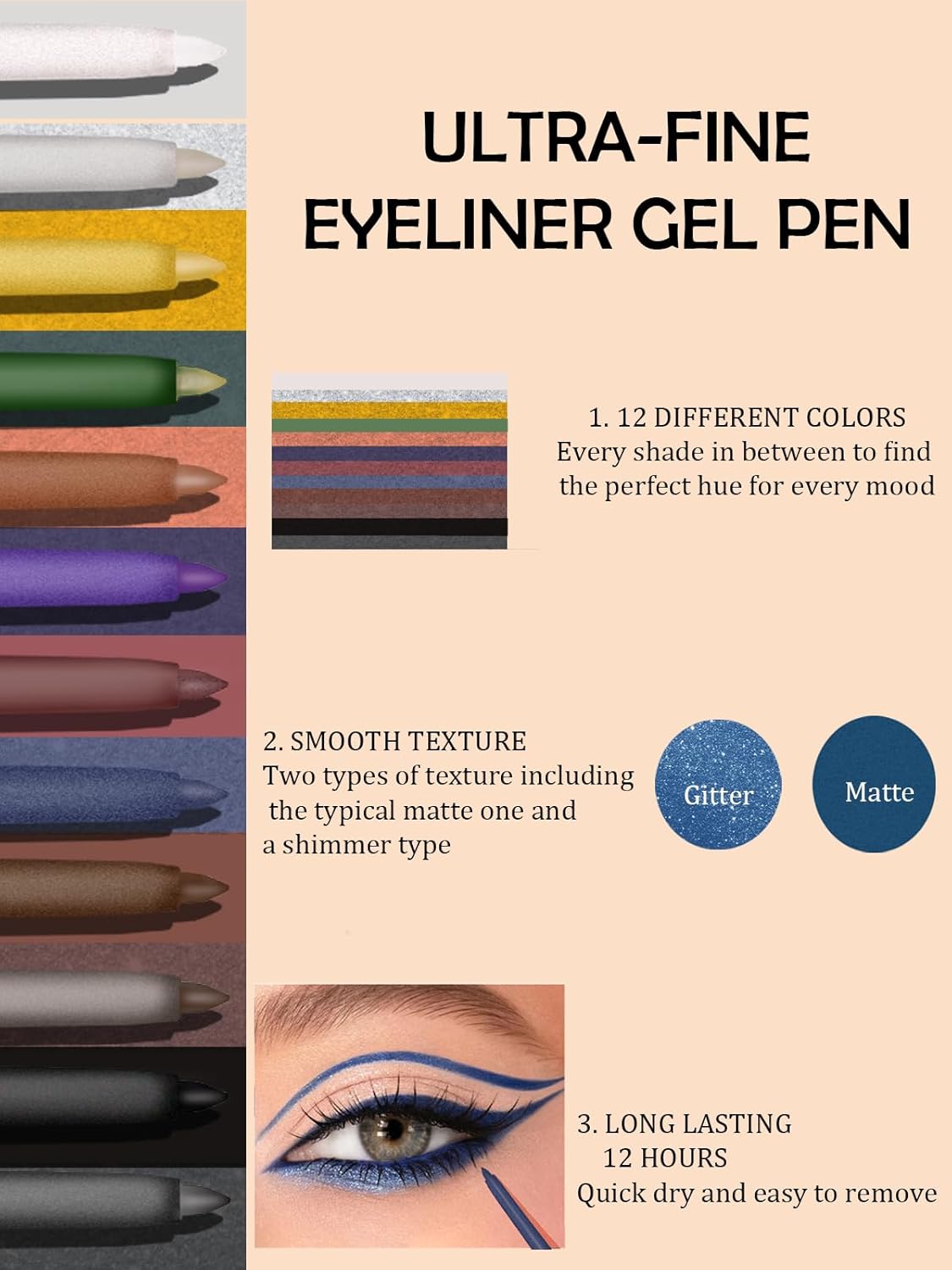 Green Gel Glitter Eyeliner Pencil, Metallic Waterproof Smudge-Proof Creamy Retractable Smooth Eye Liner pencil, Hypoallergenic Long Lasting Eyeliner Brightener Pen Crayon Eye Makeup Gift for Women#04