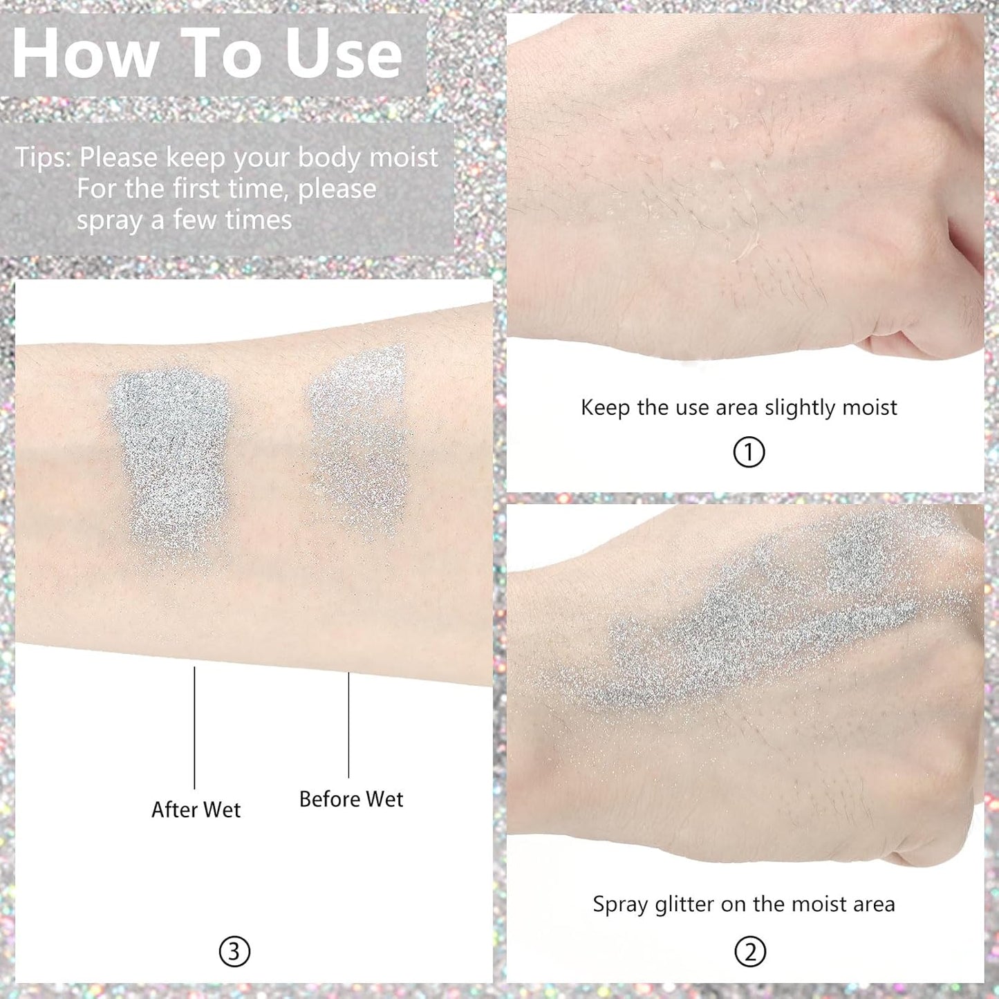 Etercycle Body Glitter Spray, Silver Hair Glitter Shimmer Sparkle Powder, Extra Fine Face Body Shimmer Cosmetic Glitter Makeup for Rave Clothes Nail Art Easter Halloween Crafts