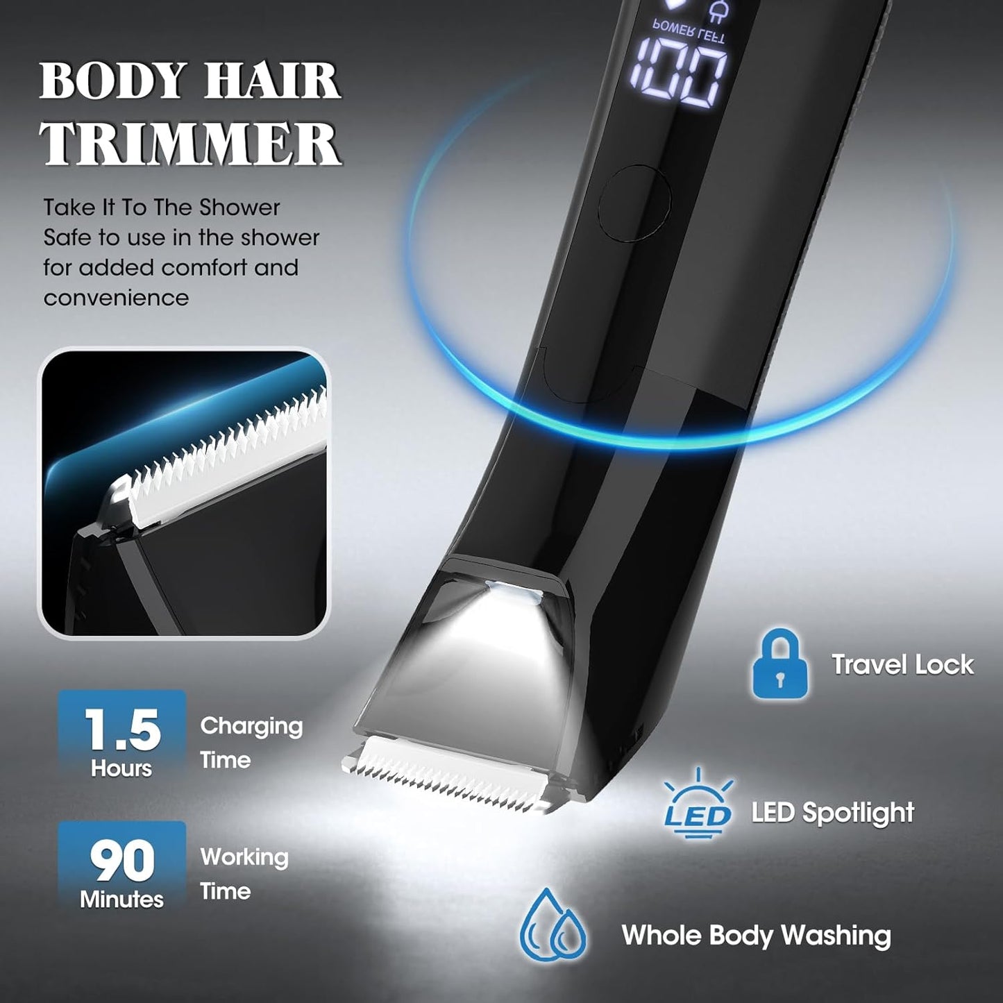 Beard Trimmer for Men Groin & Body Hair Trimmer, Nose & Ear Clipper Head Razors for Bald Men, 5 in 1 Waterproof Manscape Kit with Travel Case, LED Display, Grooming Kit Gift for Him