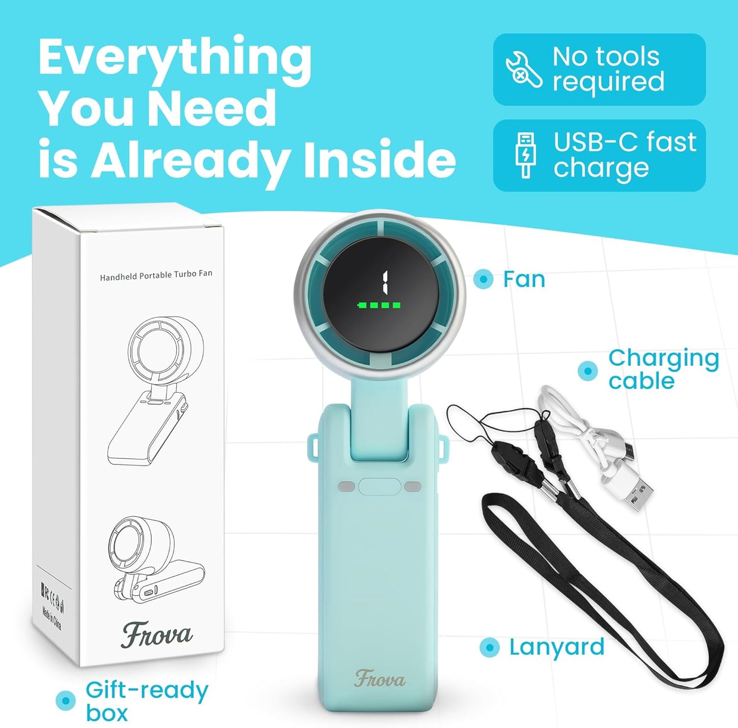 Zephyrus Portable Handheld Fan – 5200 mAh USB‑C Rechargeable, 5‑Speed Quiet Brushless – Foldable Pocket‑Size with Stand, Lanyard & Pouch