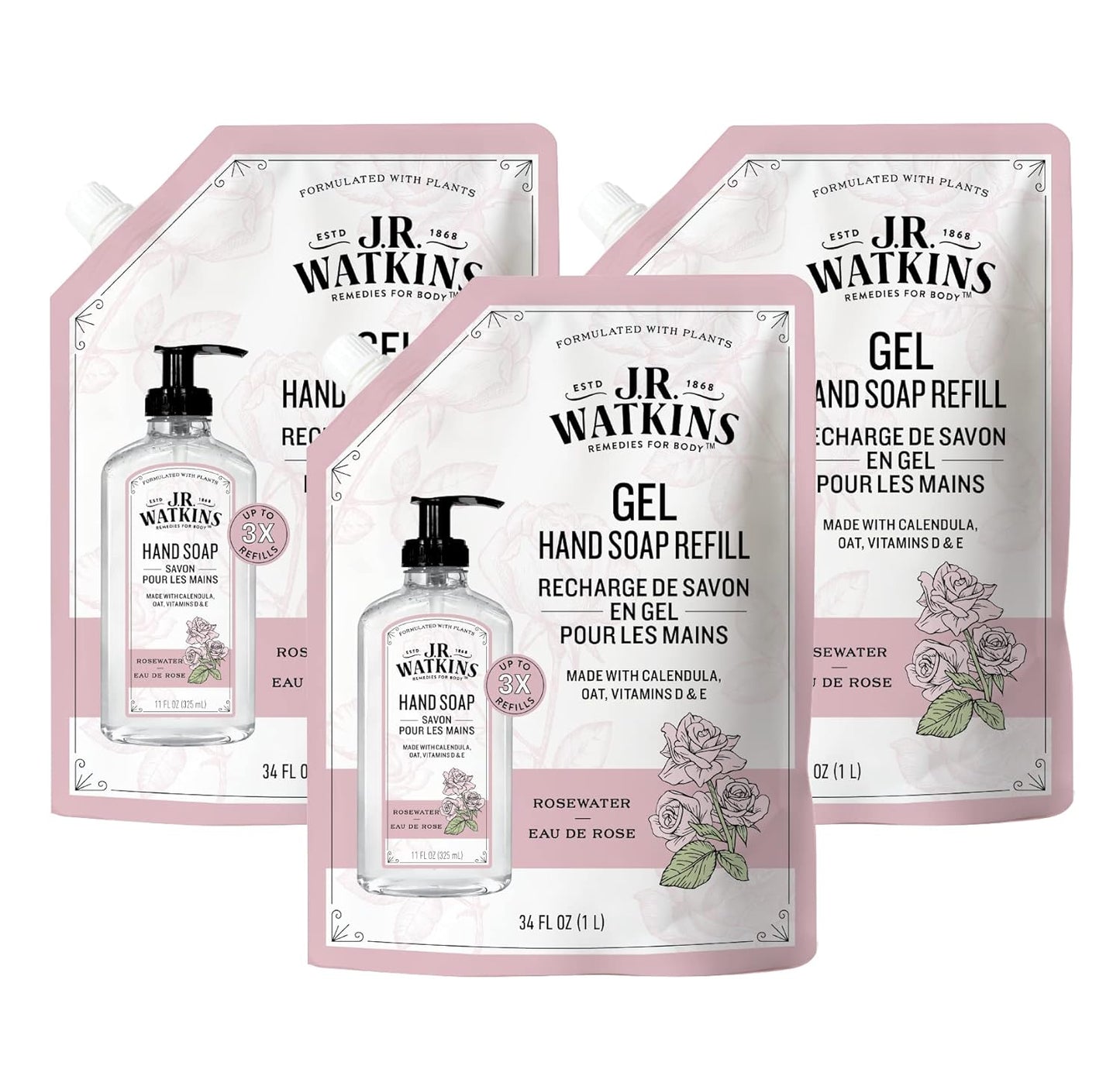 J.R. Watkins Gel Hand Soap Refill, Moisturizing Hand Wash, All Natural, Alcohol-Free, Cruelty-Free, USA Made, Rosewater, 34 Fl Oz, 3 Pack
