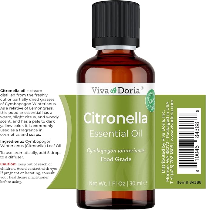 Viva Doria Citronella Essential Oil, 100% Pure, Natural Citronella Essential Oil, Undiluted, for Aromatherapy | Food Grade, 30 mL (1 Fluid Ounce)