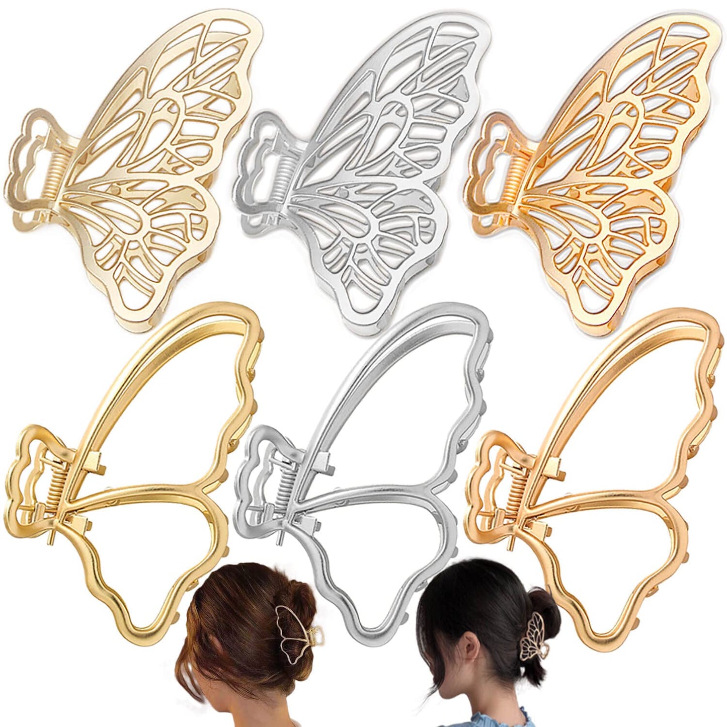 6 Packs Large Metal Butterfly Hair Claw Clips, Lady Thick Hair Catch Barrette, Non-slip Hair Jaw Clamp Clips Styling Fashion Accessories for Women Girls