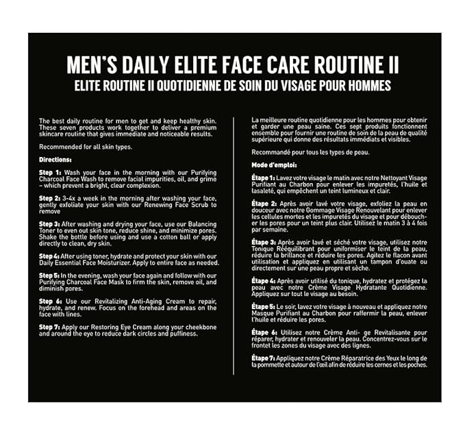 Brickell Men's Daily Elite Face Care Routine II, Toner, Charcoal Facial Wash, Face Scrub, Anti-Aging Night Cream, Eye Cream, Charcoal Mask and Moisturizer, Natural and Organic, Scented
