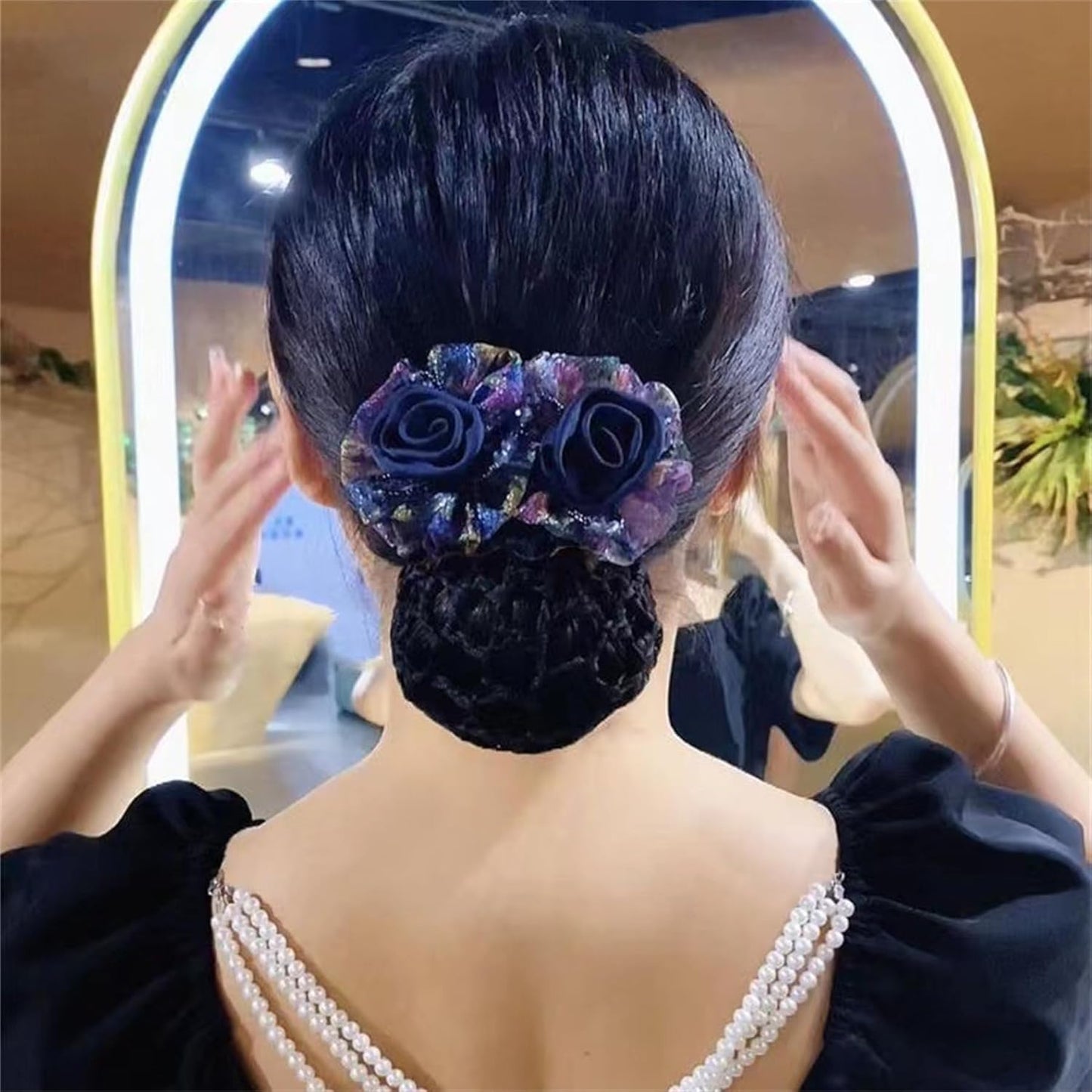 3 Pcs Flower Hair Bun Holder Covers with Bowknot Hair Clips, Ribbon Barrettes, and Hair Net Snood for Women