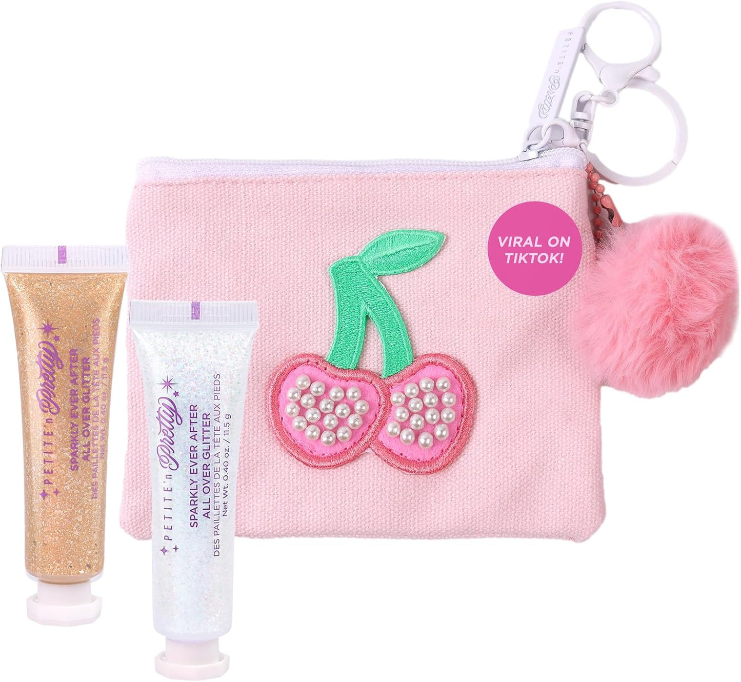 Petite N Pretty Sparkly Ever After Glitter Gift Set for Eyes, Cheeks, and Body, All-Over Glitter in Iridescent Angel & Sunbeam Gleam Shades, & Pink Cherry Pearl Keychain Wallet for Kids, Tweens, Teens