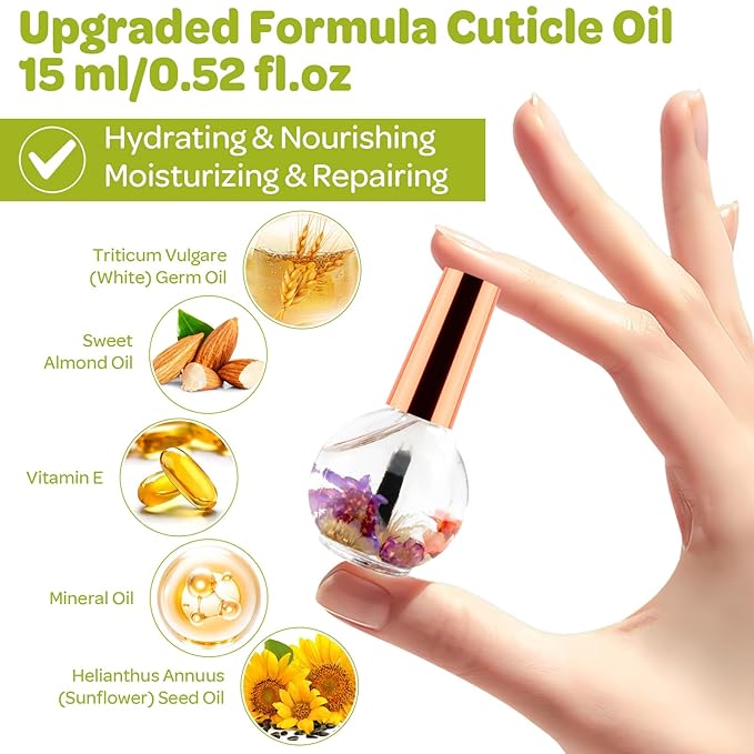 Cuticle Oil, Jasmine Scented Cuticle Nail Oil Infused with Real Flowers, Hydrates, Moisturizes, Strengthens, Repairs, Revitalizing Cuticle Oils for Nails Damage Dry Cuticle, 15ml