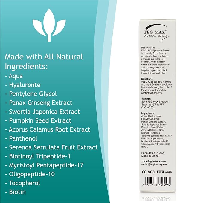 FEG Max Eyebrow Enhancer Growth Treatment Serum | Enhancing to Help Lengthen and Thicken Eyebrows | Non-irritating Brow Serum | 6ml
