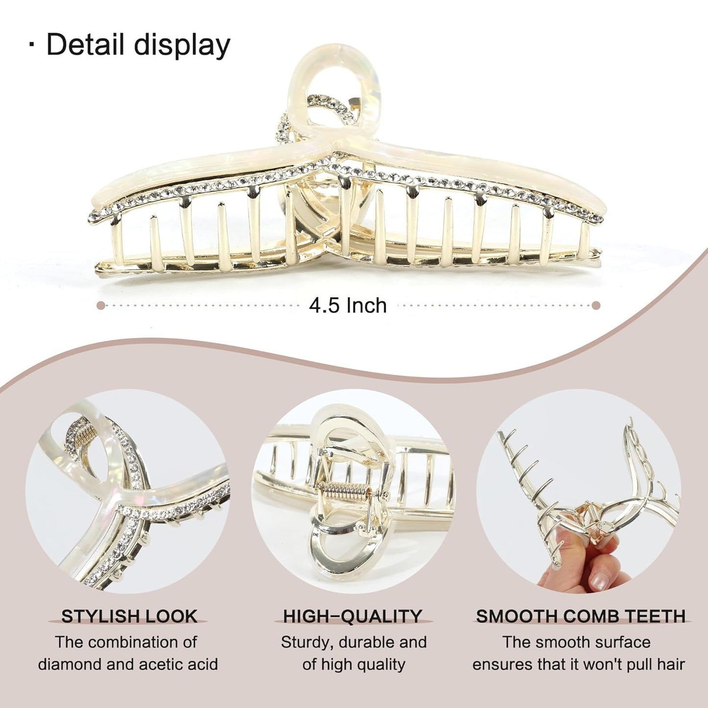 Large Metal Acetate Hair Claw Clips with Rhinestones, Gold Metal Hair Claw for Thick Hair, Strong Hold Non Slip Gold Hair Clips & Acetate Rhinestone for Women（Mermaid White）