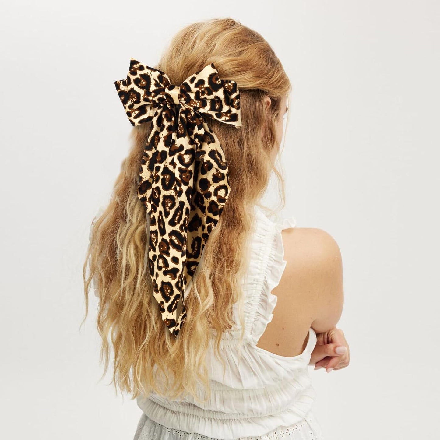 Silky Satin Hair Bows for Women Girls - 4PCS Ribbon Bows for Hair, Big Bow Hair Clips with Long Tail, Barrettes - Cute Hair Accessories Gifts (Black, Leopard, Green, Beige)