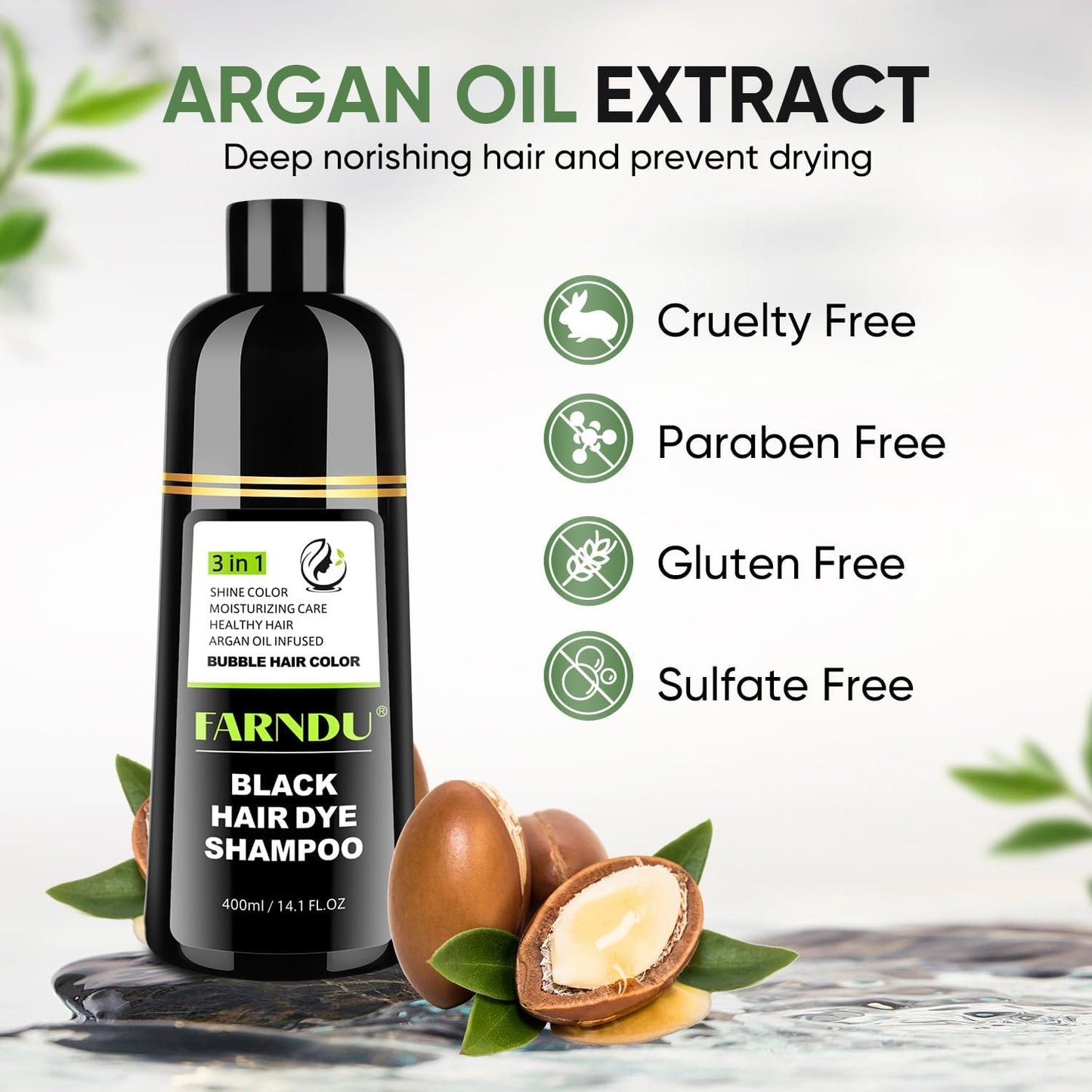 FARNDU Black Hair Dye Shampoo for Gray Hair Coverage - 3 In 1 Hair Color Shampoo for Women & Men with Herbal Ingredients | Champu Con Tinte Para Canas