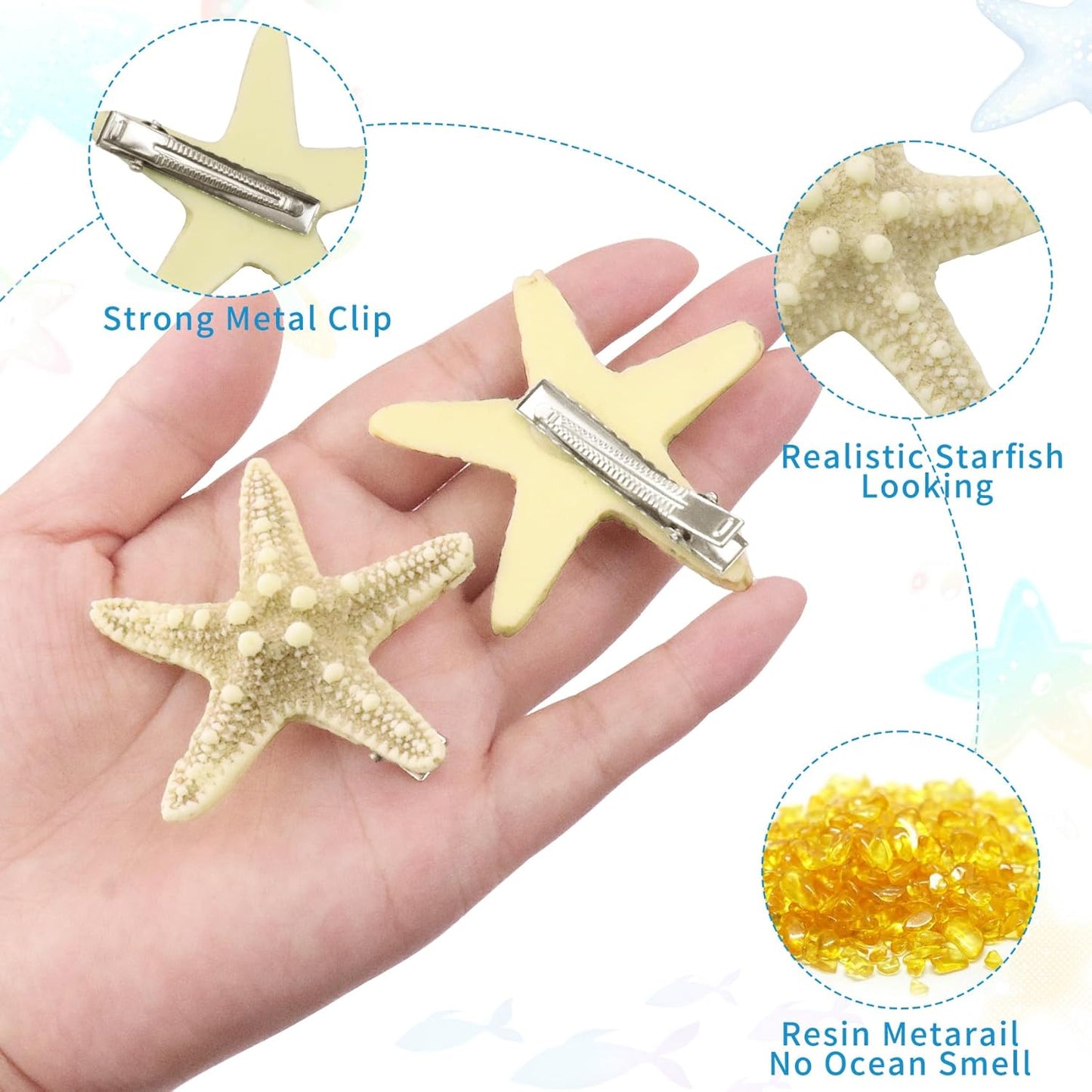 4 Pcs Starfish Hair Clip Mermaid Costume Accessories for Women and Girls Resin Sea Star Hairpins Seashell Clips Accessories for Mermaid Halloween Beach Costume