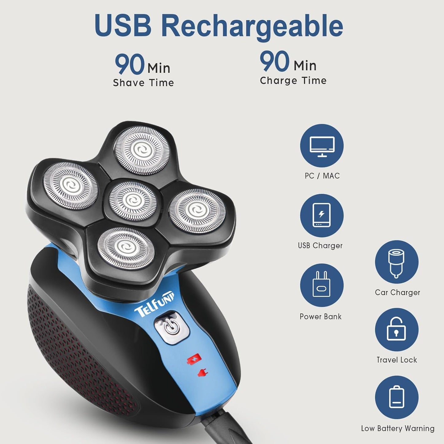 Telfun Magnetic Head Shavers for Bald Men, Cordless 5-in-1 Electric Razor for Fast Shaving- IPX7 Waterproof Wet/Dry Mens Grooming Kit - Easy Use Palm Shaver for a Smooth Bald Shave