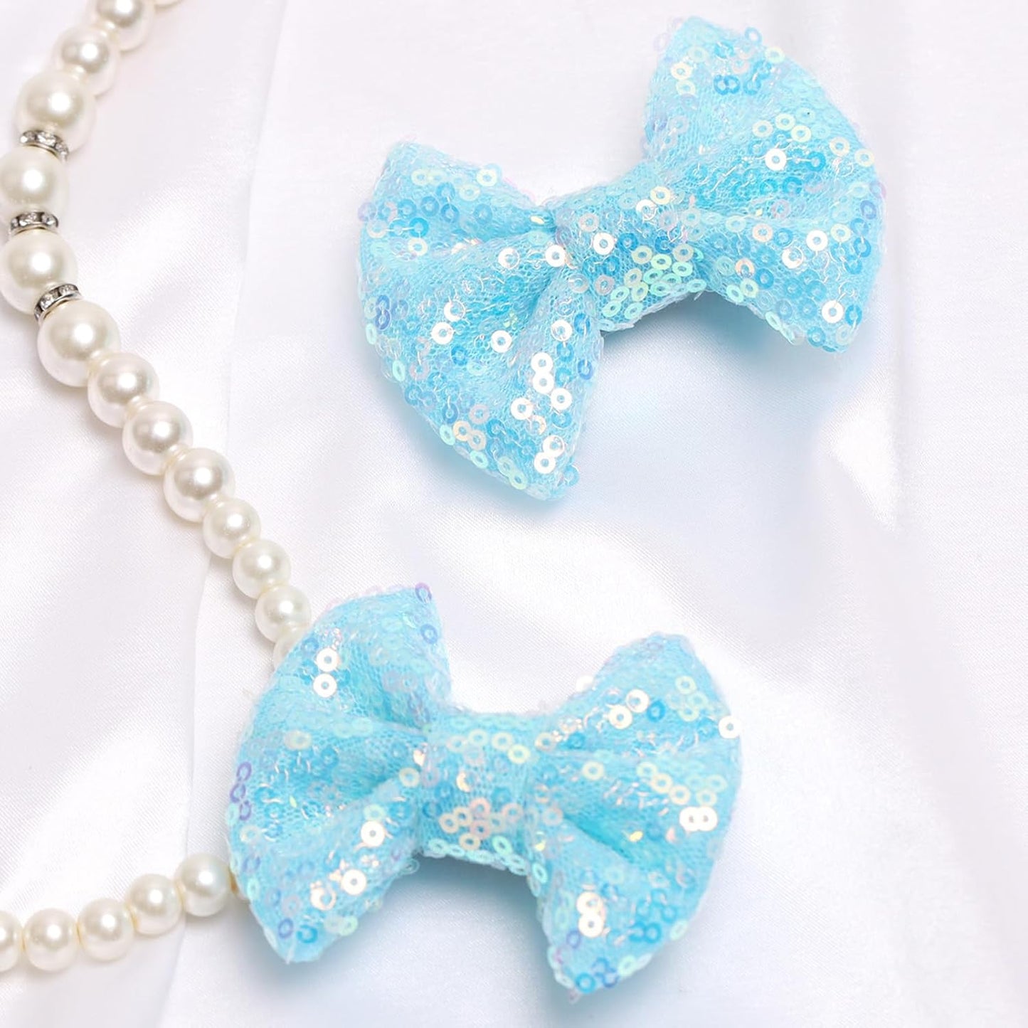 KISZU 3 Inch Glitter Hair Bows Clips, Sparkling Sequin Little Bow HairPins for Baby Girls Children Teens and Women (Light Blue)