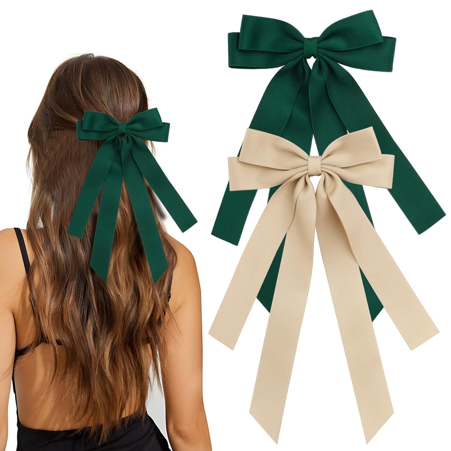 Bow Hair Clips 2PCS Set for Women and Girls - Black White Ribbon Bows for Hair, with Long Tail, Alligator Clip (Green & Khaki)