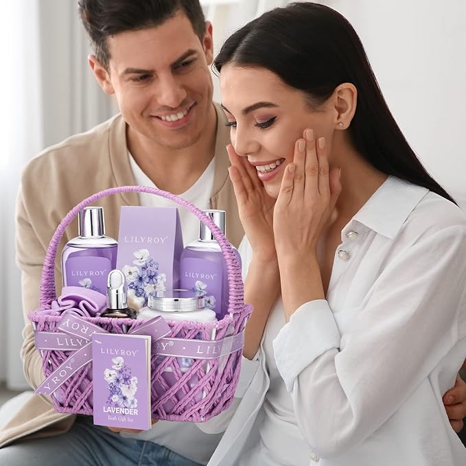 Mothers Day Gifts for Mom - 8 Pcs Lavender Bath & Body Gift Set for Women, Spa Gift Basket with Bath Bomb | Christmas, Birthday Gifts, Self Care & Pampering Gifts for Her, All Occasion Holiday Present