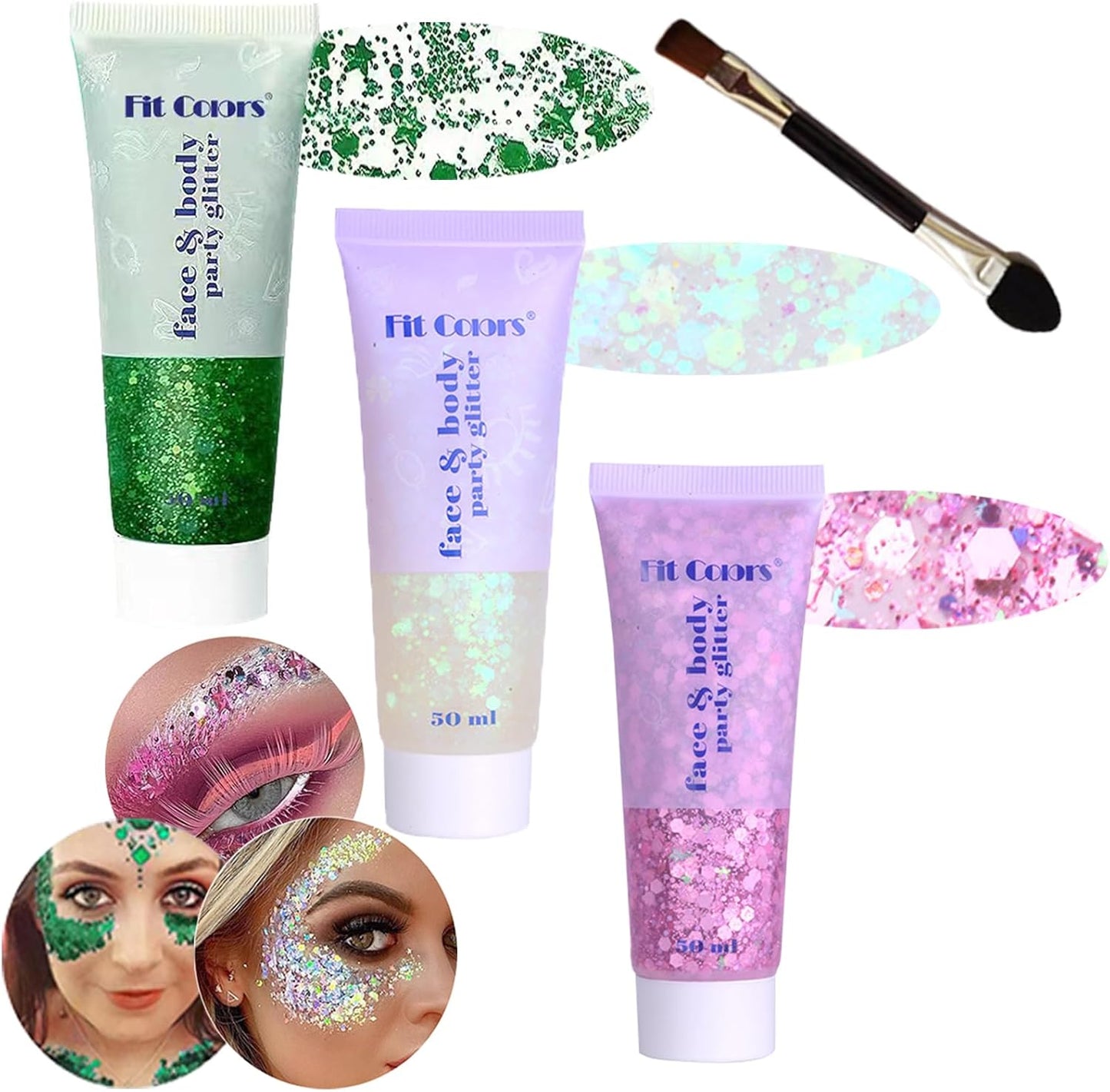 Body Glitter Face Glitter Gel: Singer Concerts Disco Festival Rave Accessories Face Glitter Makeup 150ml Chunky Sequins Mermaid Face Body Hair Glitter Gel (Green&White&Pink)