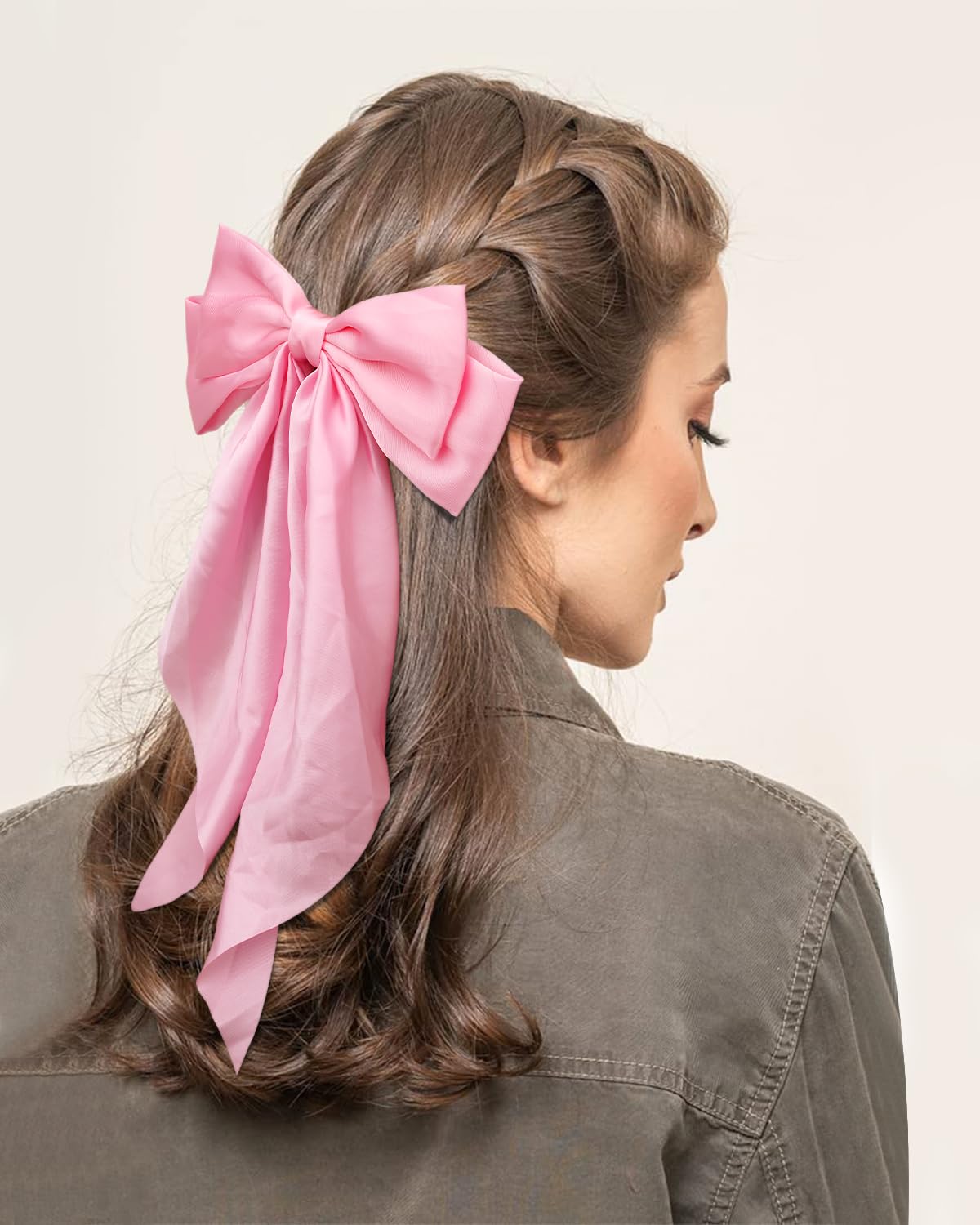 Large Hair Bows 2PCS Pink White Hair Bow for Women Big Satin Long Tail Hair Bow Hair Clips Aesthetic Hair Accessories