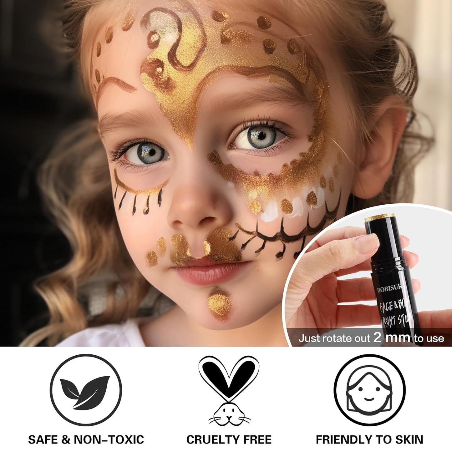 BOBISUKA Metallic Gold Face Body Paint Stick Washable Water-Based Face Paint Makeup Stick for Halloween Skull, Goth, Cosplay, SFX, Sports Eye Black & Costume Party