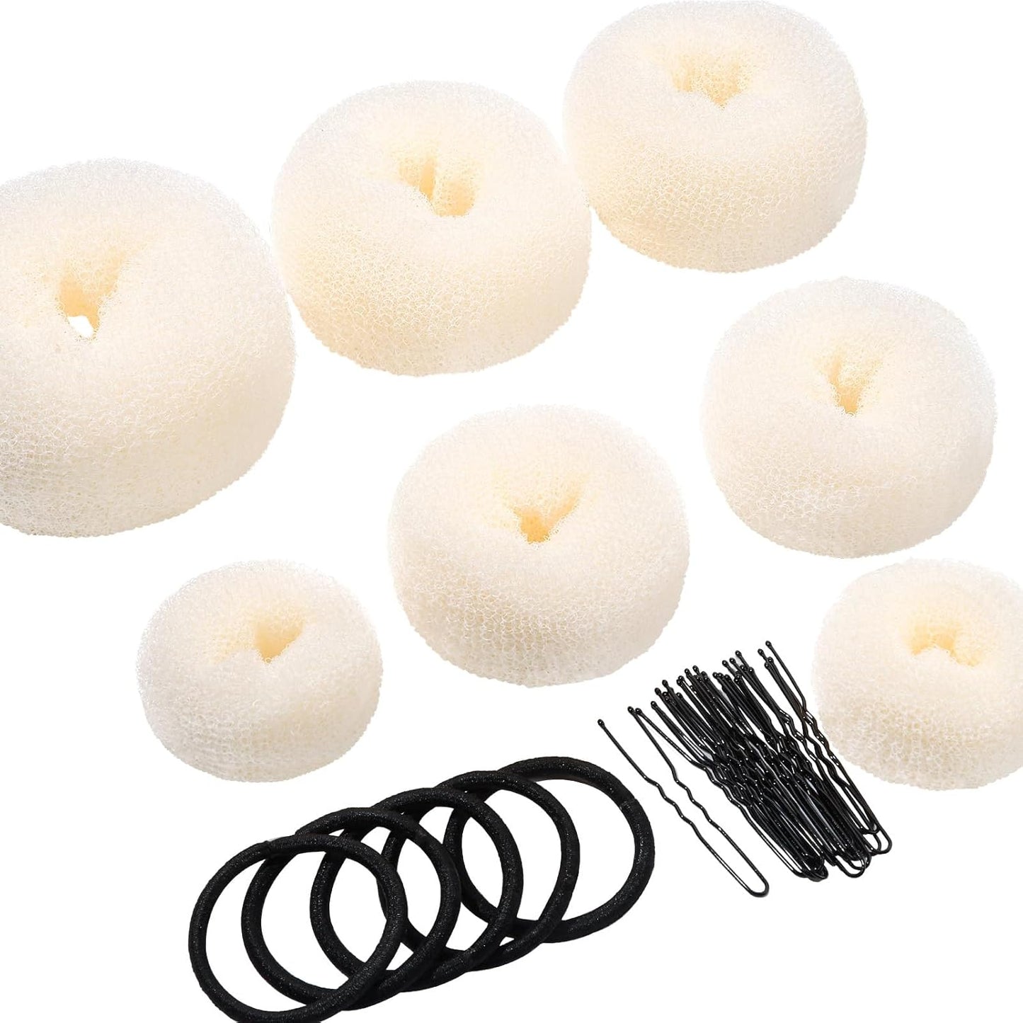 Teenitor Hair Bun Maker Set - 7 Hair Donut for Buns (1 Extra-Large, 2 Large, 2 Medium, 2 Small), 5 Elastic Bands, 20 Hair Pins, Cream White Color