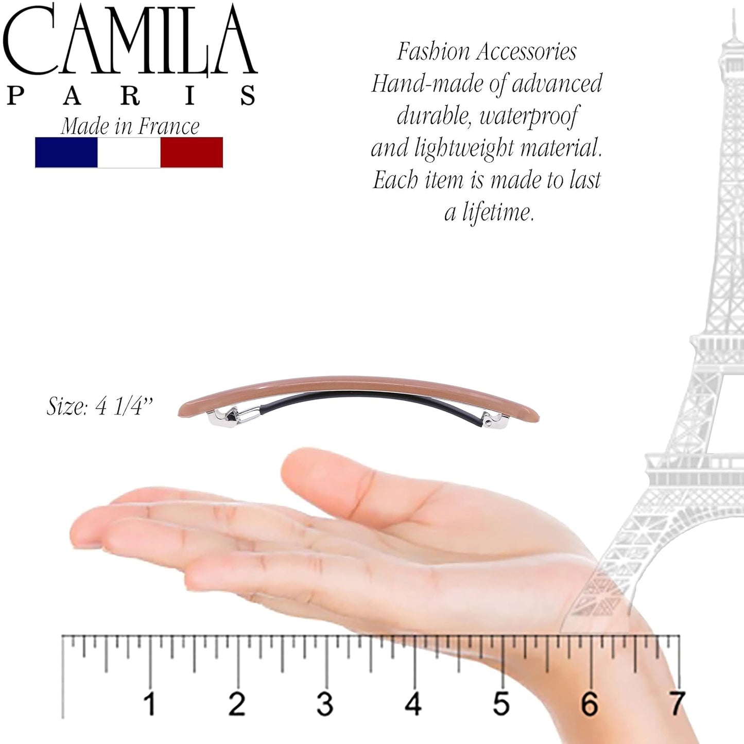 Camila Paris CP3253 French Hair Barrette Large Nude, Long Skinny Strong Hold Grip Hair Clips for Women, Thin Rubberized Automatic Clasp No Slip Durable Styling Girls Hair Accessories, Made in France